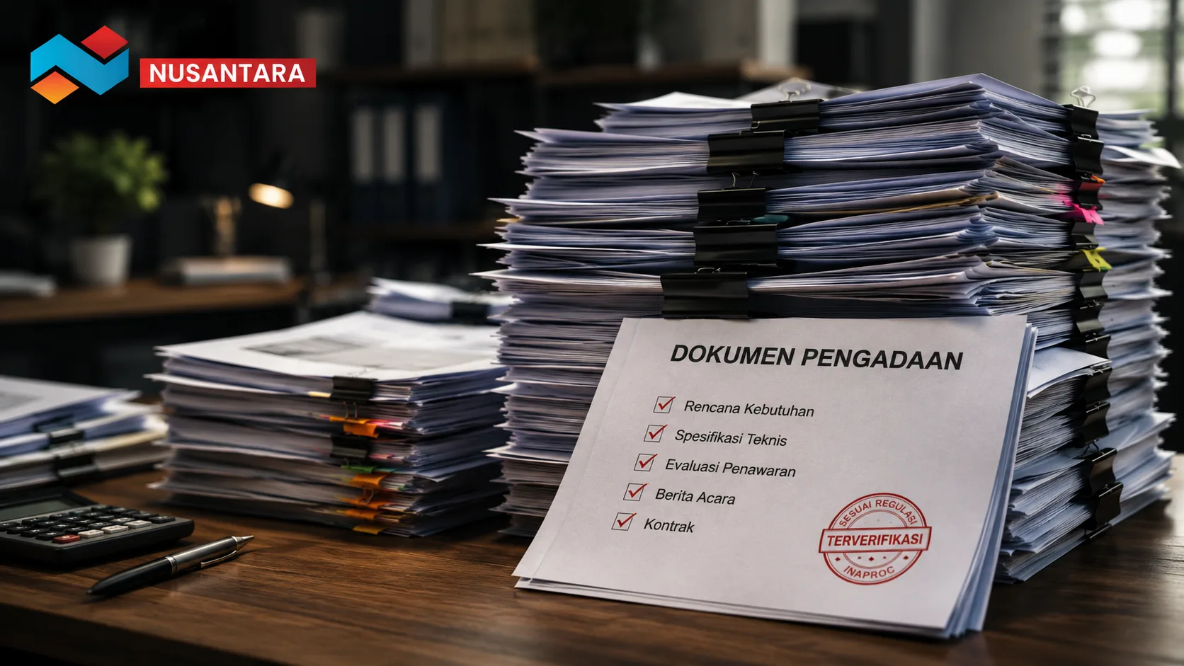 Tumpukan dokumen administrasi pengadaan pemerintah di atas meja kantor yang menggambarkan kompleksitas proses pengadaan barang dan jasa.