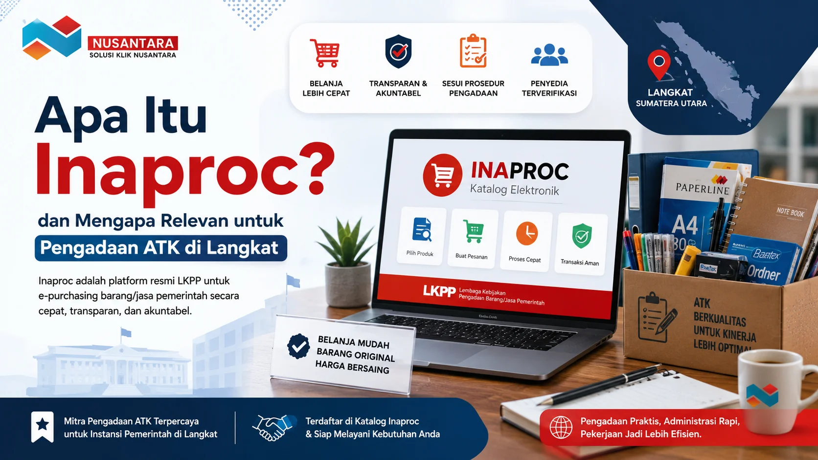 Banner pengadaan ATK melalui Inaproc Kabupaten Langkat dengan tampilan laptop katalog elektronik, perlengkapan kantor, dan logo Solusi Klik Nusantara.