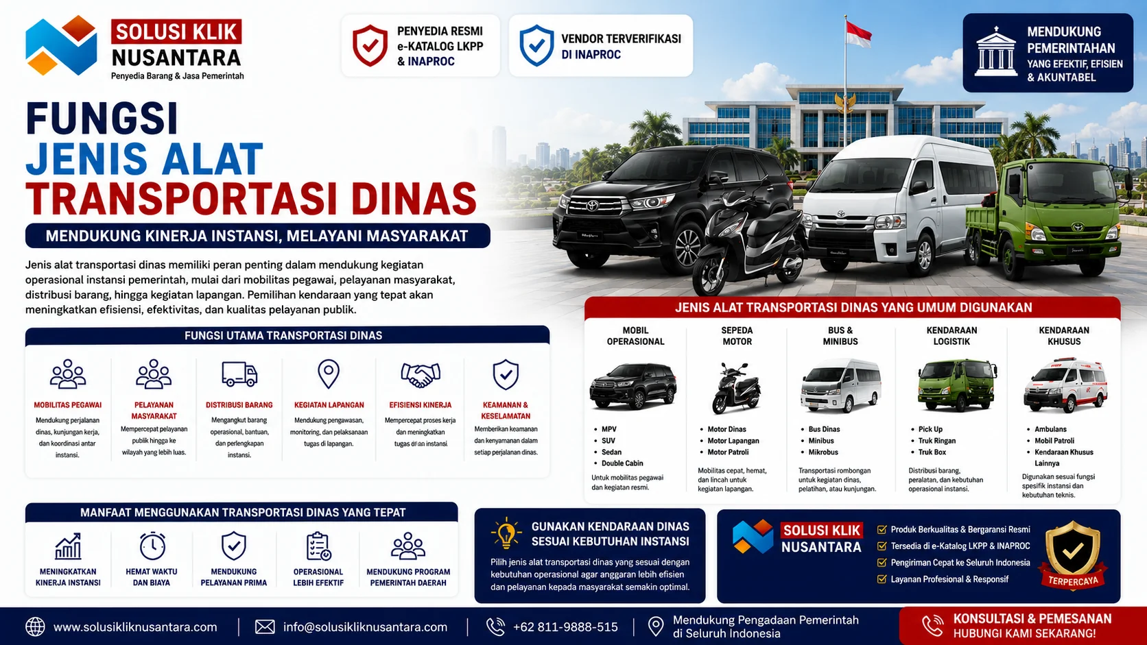 Fungsi Jenis Alat Transportasi Dinas untuk instansi pemerintah menampilkan kendaraan operasional seperti mobil dinas, motor dinas, minibus, truk logistik, dan ambulans dari Solusi Klik Nusantara.