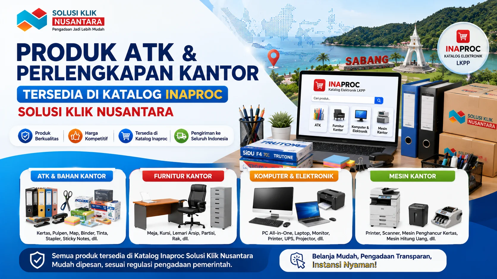 Banner produk ATK dan perlengkapan kantor di katalog Inaproc Solusi Klik Nusantara dengan tampilan perlengkapan kantor, perangkat komputer, mesin kantor, dan ilustrasi pengadaan digital untuk instansi Kota Sabang.