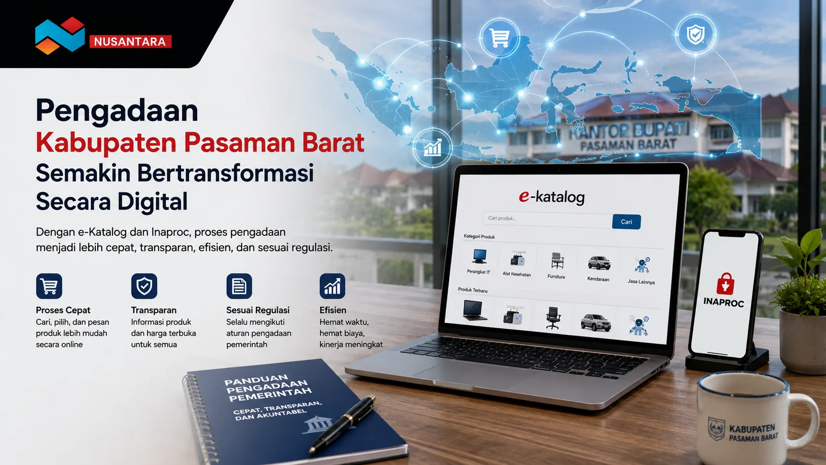 Banner digital pengadaan Kabupaten Pasaman Barat dengan e-Katalog dan Inaproc untuk proses pengadaan pemerintah yang cepat, transparan, dan efisien.