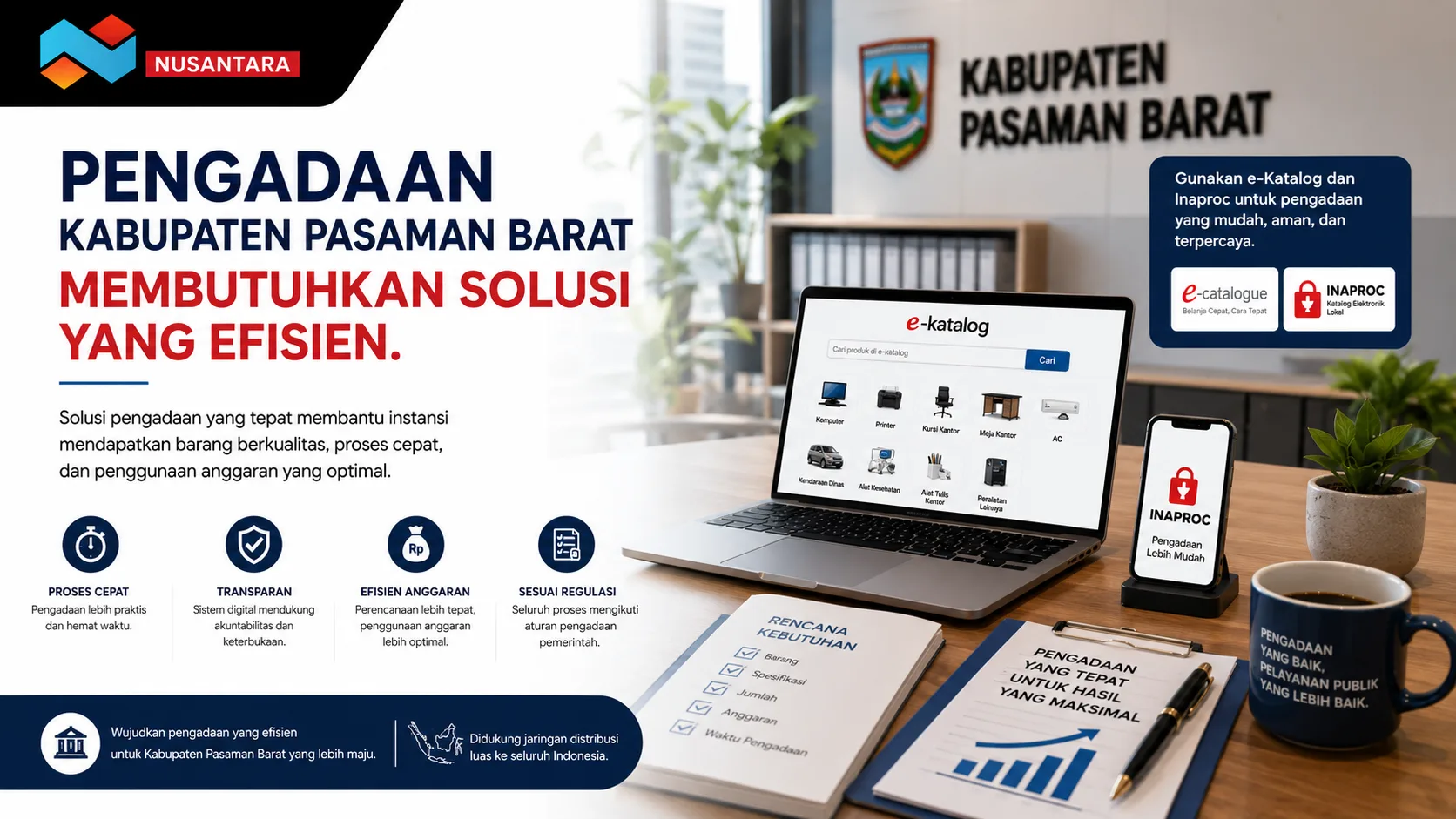 Banner pengadaan Kabupaten Pasaman Barat yang menampilkan kantor modern, e-Katalog, Inaproc, dan solusi pengadaan efisien untuk proses yang cepat, transparan, sesuai regulasi, serta hemat anggaran.