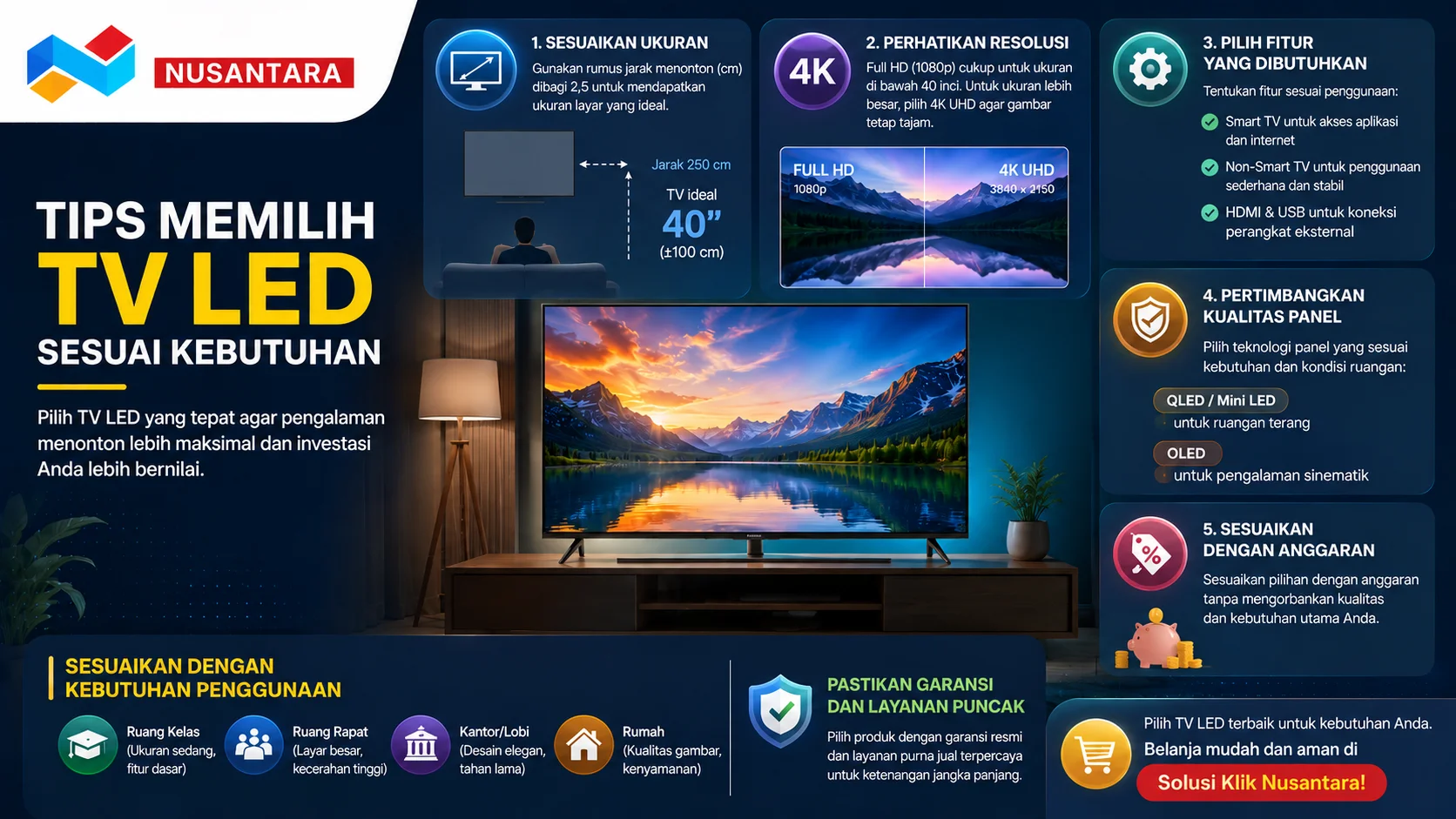 Banner panduan memilih TV LED yang menampilkan faktor penting seperti ukuran layar, resolusi, fitur Smart TV, kualitas panel, dan anggaran untuk membantu menentukan pilihan televisi yang sesuai kebutuhan.