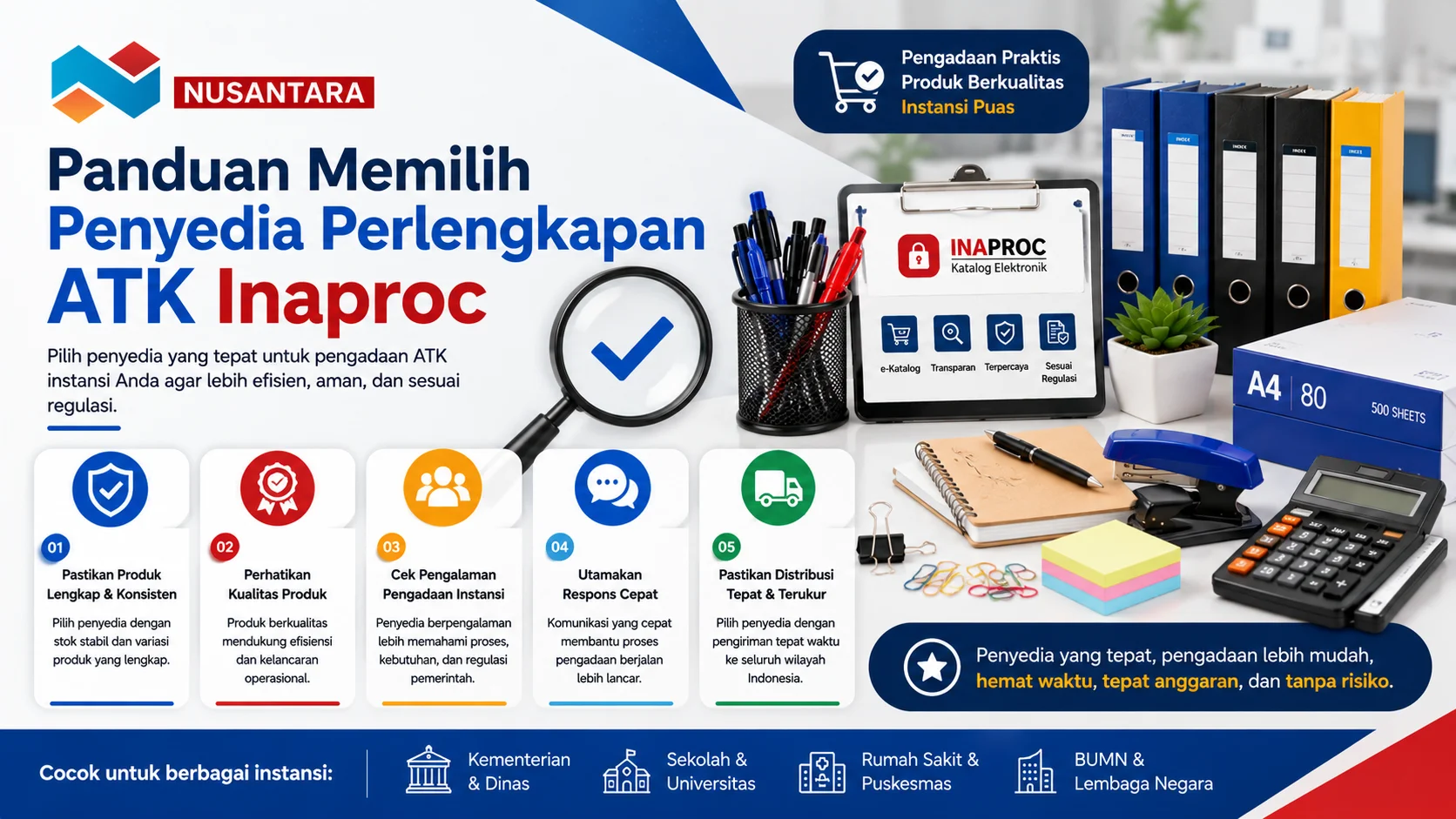 Banner panduan memilih penyedia perlengkapan ATK Inaproc menampilkan perlengkapan kantor, ikon checklist, dan informasi penting untuk memilih vendor ATK yang terpercaya dan sesuai kebutuhan instansi.