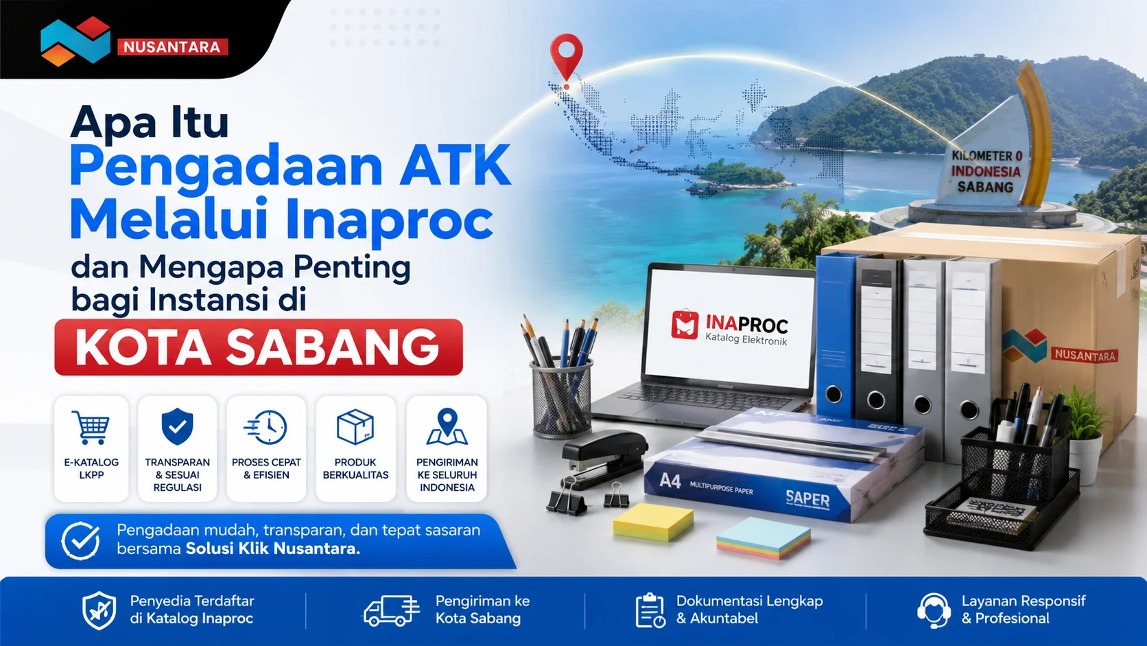 Banner pengadaan ATK melalui Inaproc untuk instansi Kota Sabang dengan ilustrasi perlengkapan kantor, laptop katalog Inaproc, latar pemandangan Sabang.
