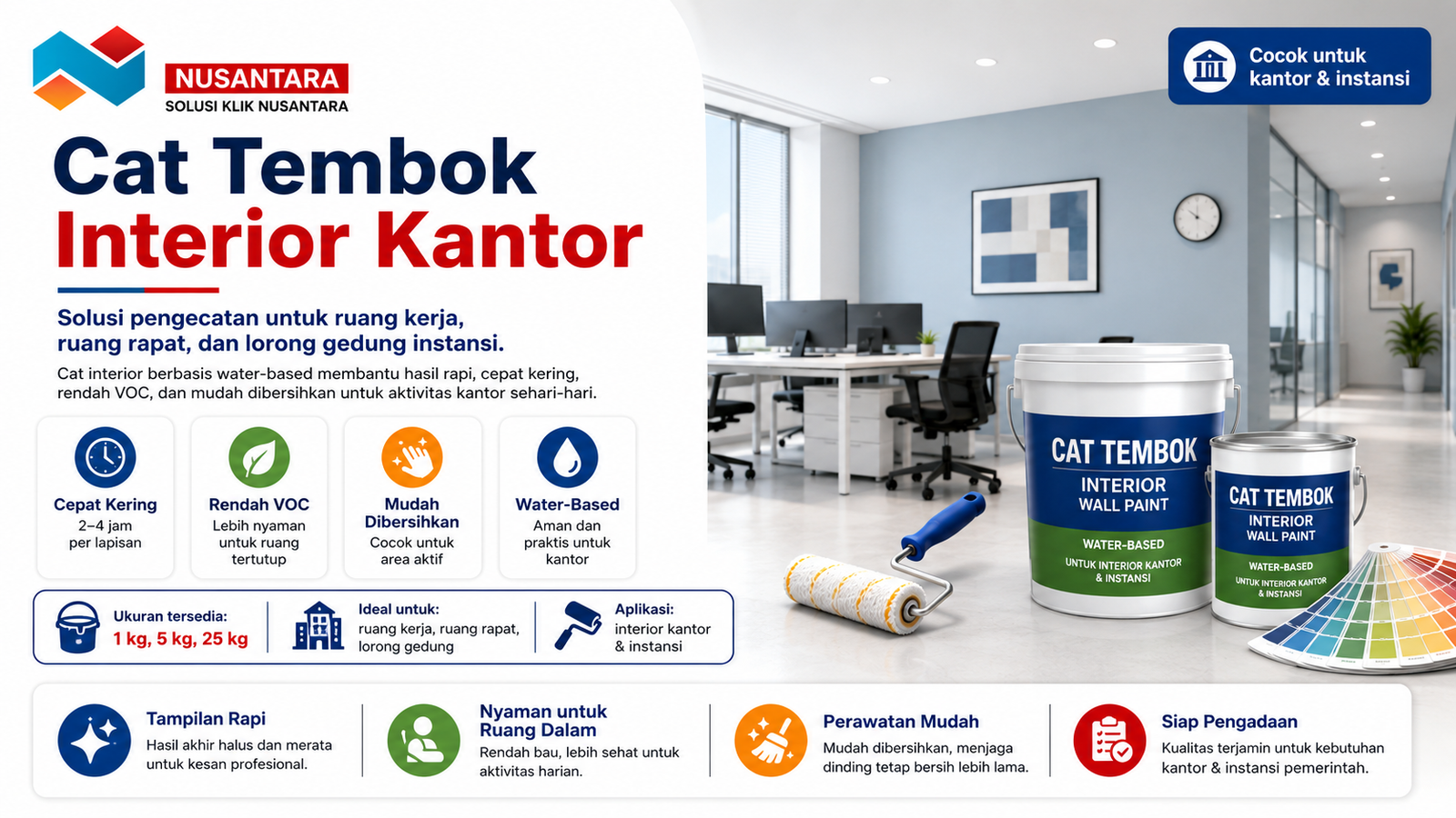 Pengadaan cat tembok eksterior gedung untuk kantor dan instansi, menampilkan cat tahan cuaca, anti-jamur, anti-lumut, dan perlindungan UV.