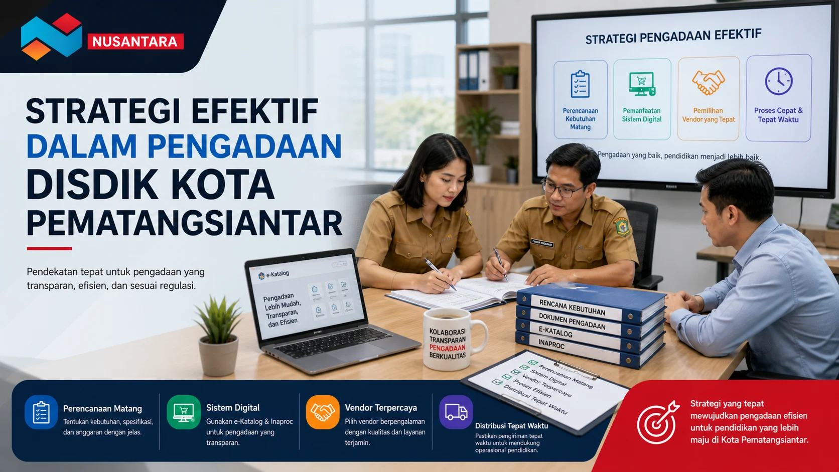 Banner ilustrasi pengadaan DisDik Kota Pematangsiantar dengan tim PNS sedang berdiskusi di kantor, menampilkan strategi pengadaan efektif, penggunaan e-Katalog dan Inaproc, serta elemen dokumen dan perangkat kerja dengan branding Solusi Klik Nusantara.