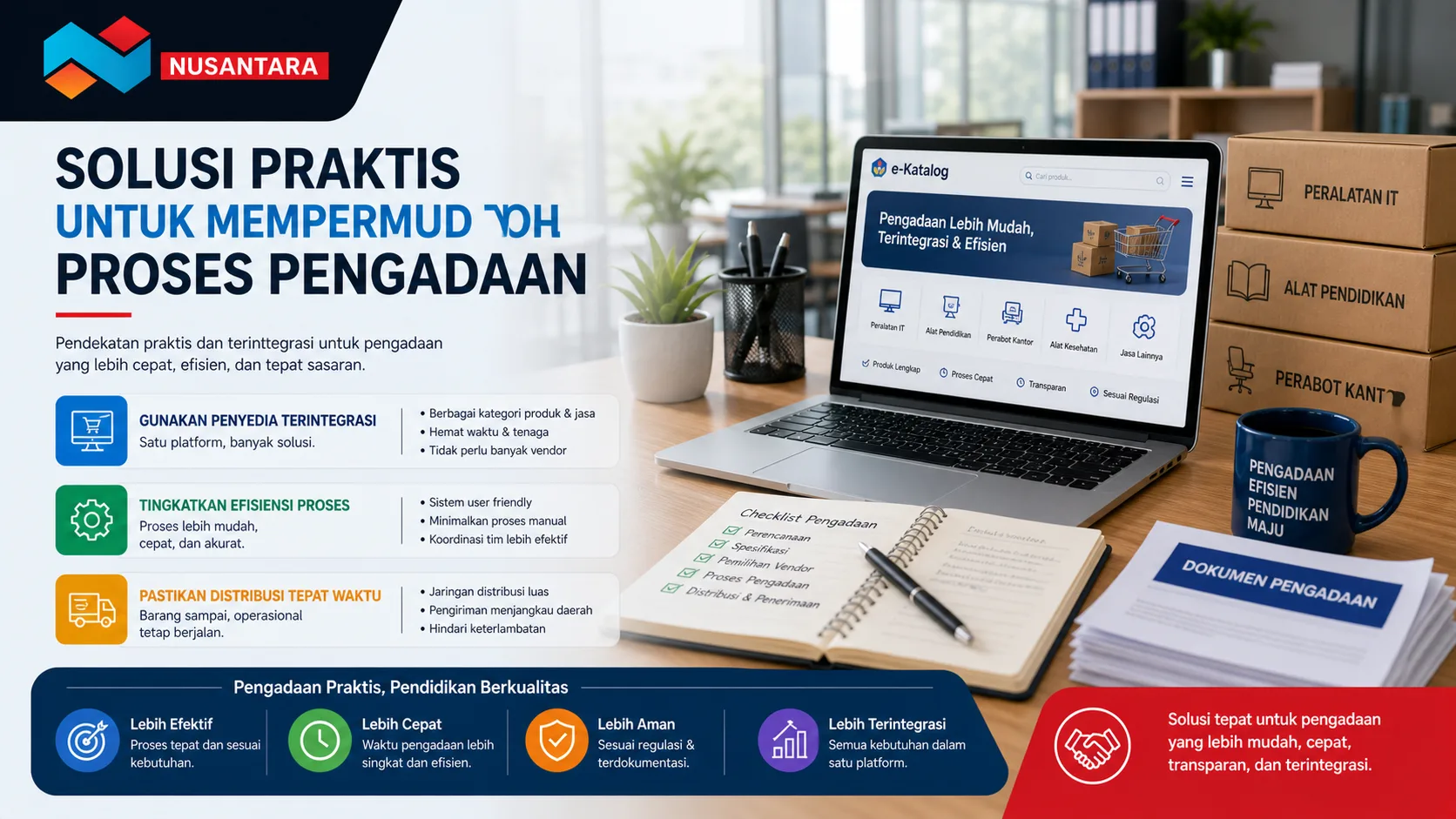 Banner ilustrasi pengadaan DisDik Kota Pematangsiantar dengan tim PNS sedang berdiskusi di kantor, menampilkan strategi pengadaan efektif, penggunaan e-Katalog dan Inaproc, serta elemen dokumen dan perangkat kerja dengan branding Solusi Klik Nusantara.