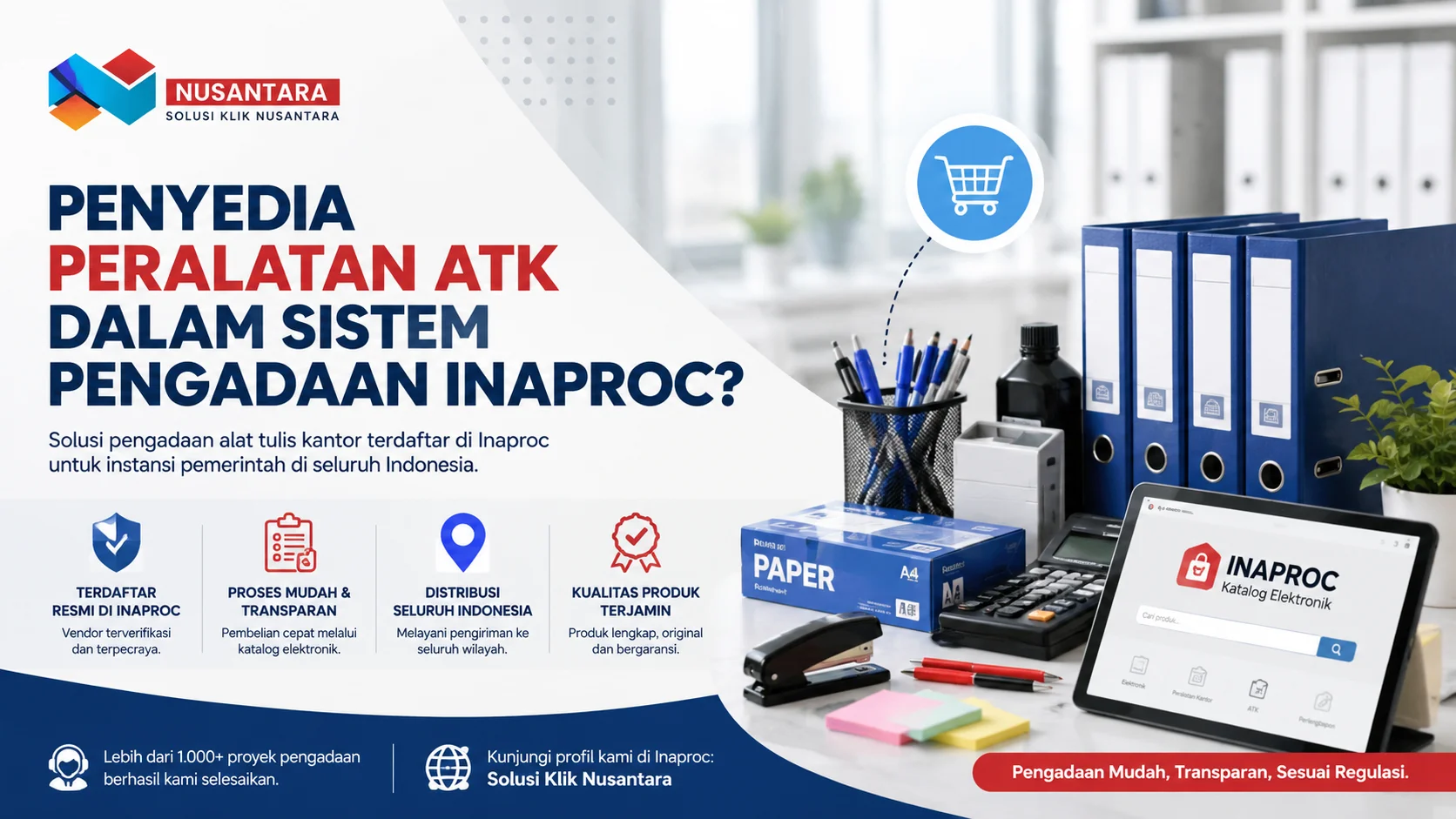 Banner penyedia peralatan ATK Inaproc dengan perlengkapan kantor, katalog elektronik digital, dan logo Solusi Klik Nusantara untuk pengadaan instansi pemerintah.