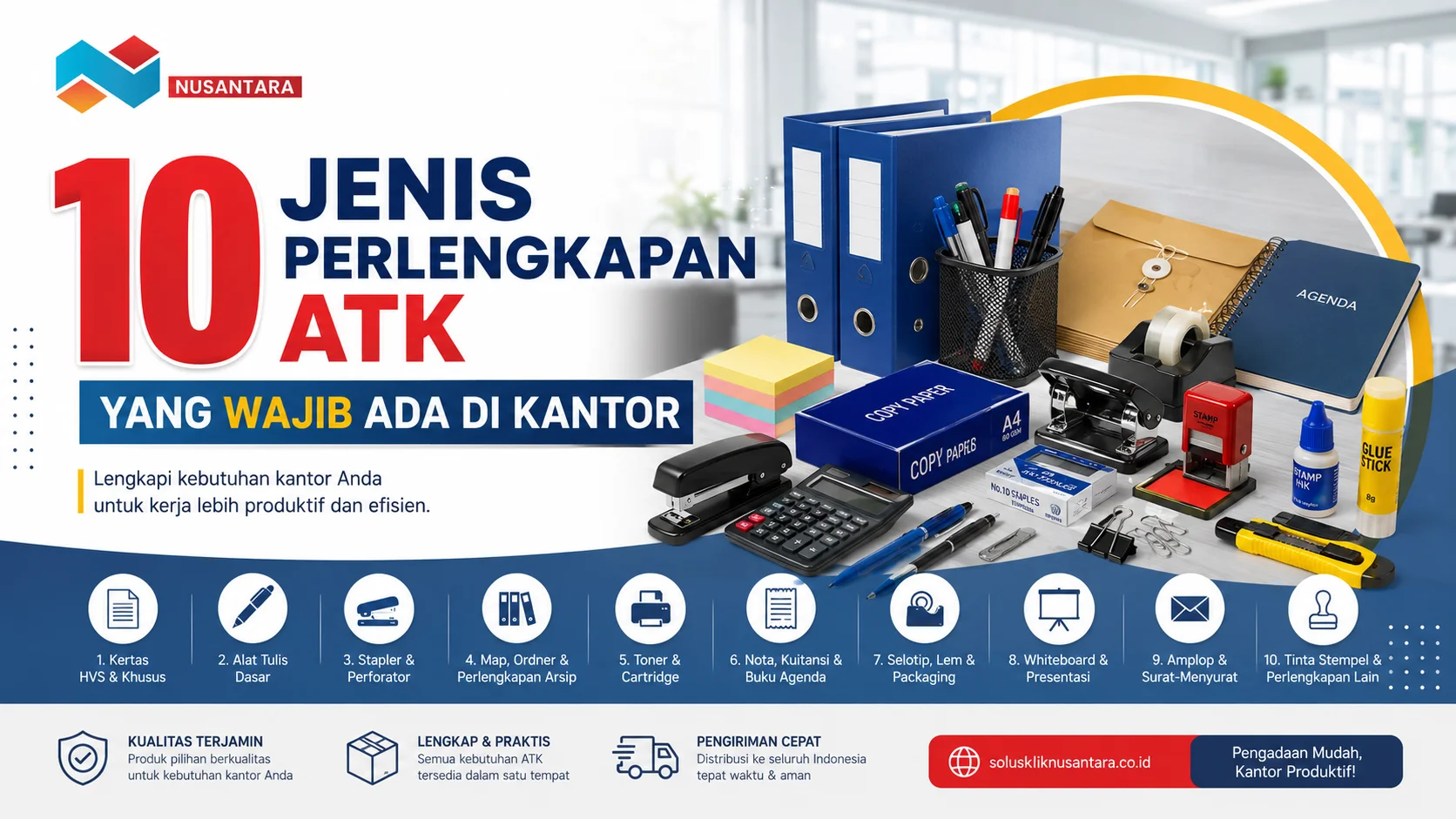 Banner ilustrasi perlengkapan ATK kantor lengkap seperti kertas, map arsip, stapler, pulpen, tinta stempel, dan alat administrasi dengan desain modern.