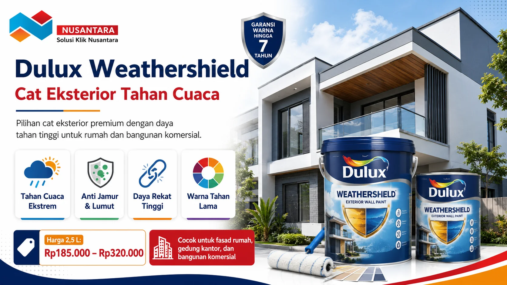 Merk cat tembok terbaik Dulux Weathershield untuk cat eksterior tahan cuaca, anti jamur, dan cocok untuk fasad rumah serta bangunan komersial.