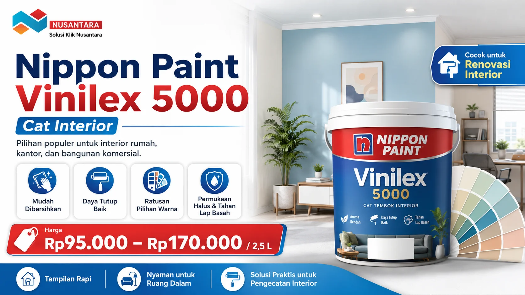 Merk cat tembok terbaik Nippon Paint Vinilex 5000 untuk cat interior rumah, kantor, dan bangunan dengan daya tutup baik serta mudah dibersihkan.