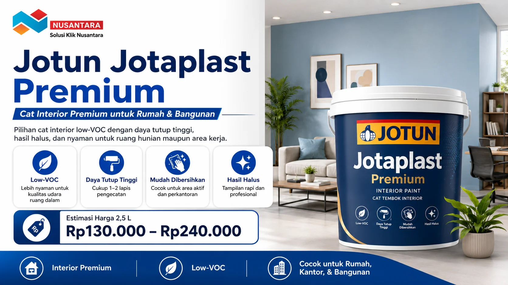 Merk cat tembok terbaik Jotun Jotaplast Premium untuk interior rumah dan kantor, menampilkan cat low-VOC dengan hasil halus dan daya tutup tinggi.