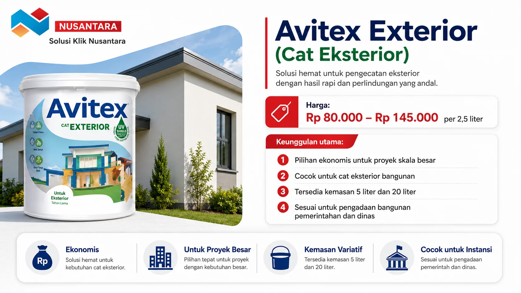 Merk cat tembok terbaik Avitex Exterior untuk pengecatan eksterior bangunan, menampilkan cat ekonomis yang cocok untuk proyek skala besar dan instansi.