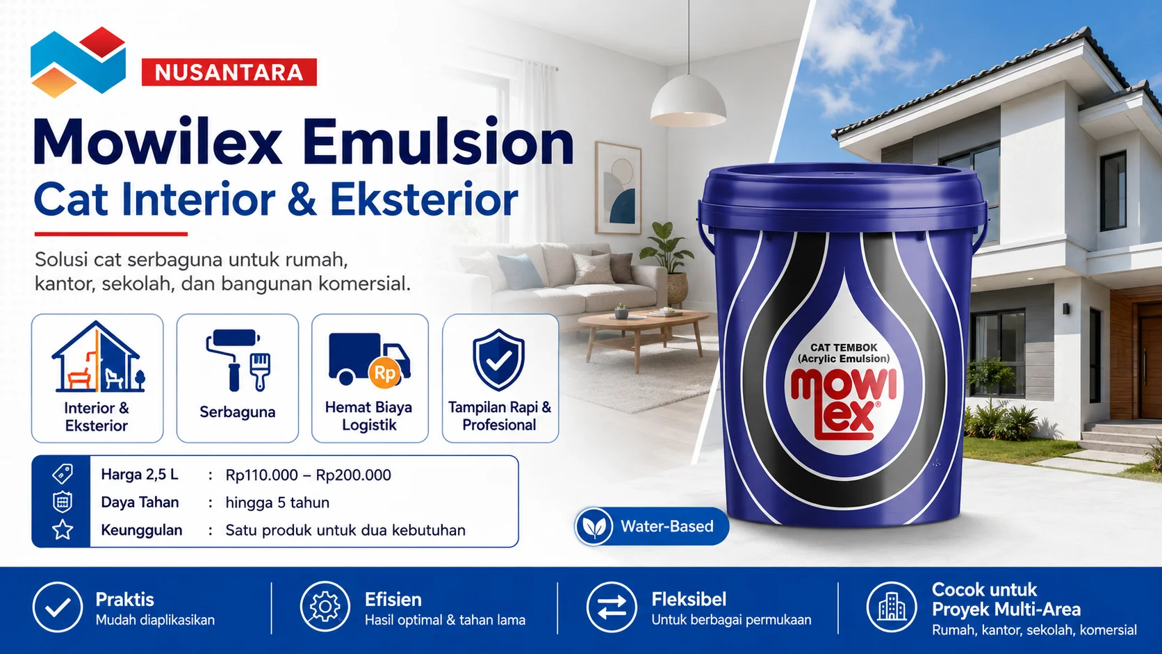 Merk cat tembok terbaik Mowilex Emulsion untuk interior dan eksterior, menampilkan cat serbaguna yang cocok untuk rumah, kantor, sekolah, dan bangunan komersial.