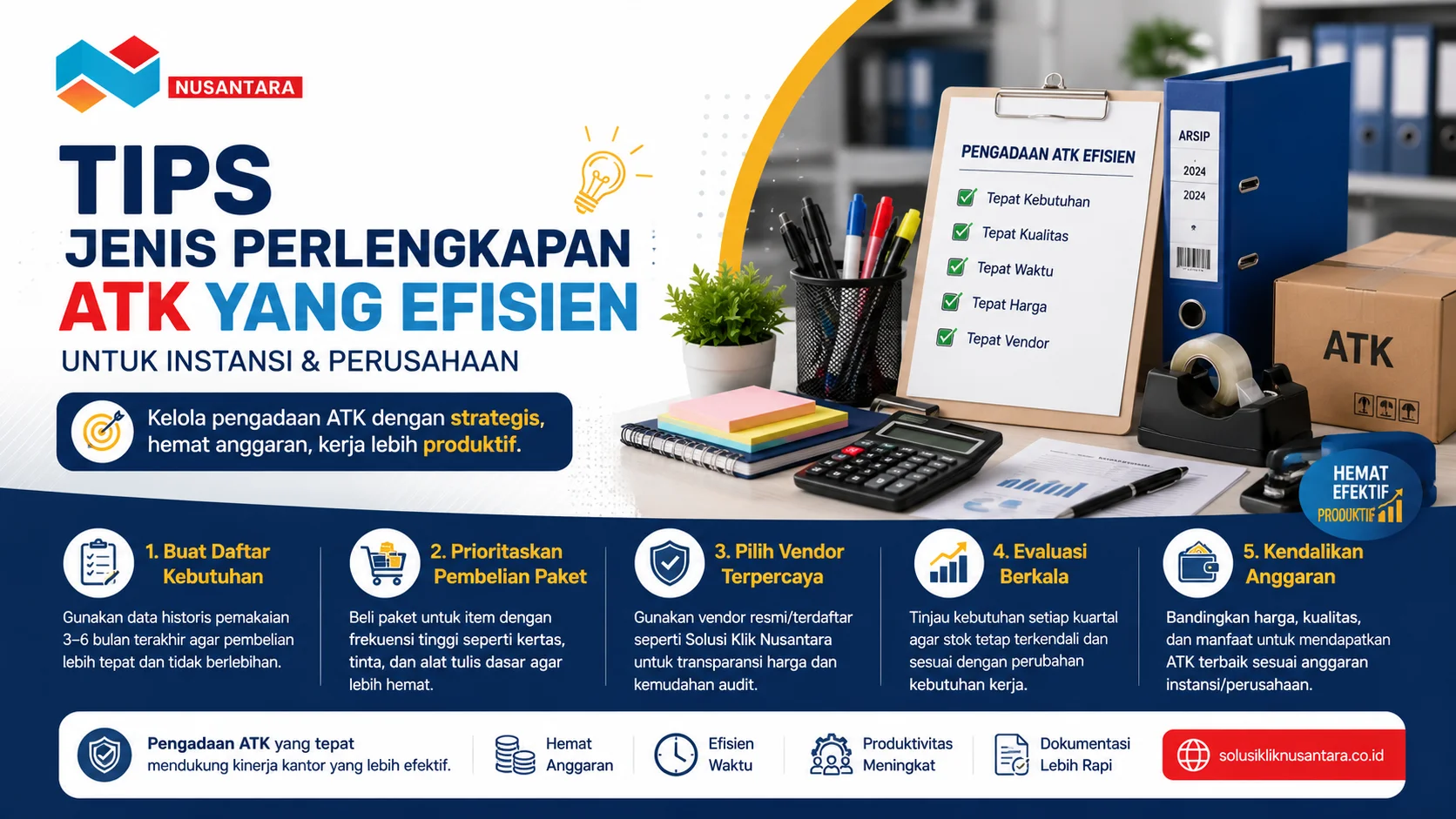 Banner infografis pengadaan ATK efisien untuk instansi dan perusahaan dengan perlengkapan kantor modern, checklist pengadaan, serta elemen administrasi profesional.