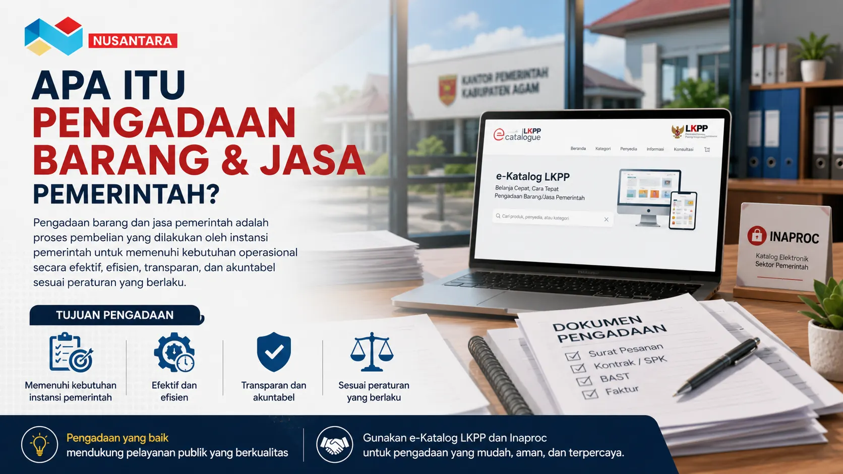Infografis pengadaan barang dan jasa pemerintah di Kabupaten Agam menampilkan laptop dengan e-Katalog LKPP, dokumen pengadaan di meja kantor.