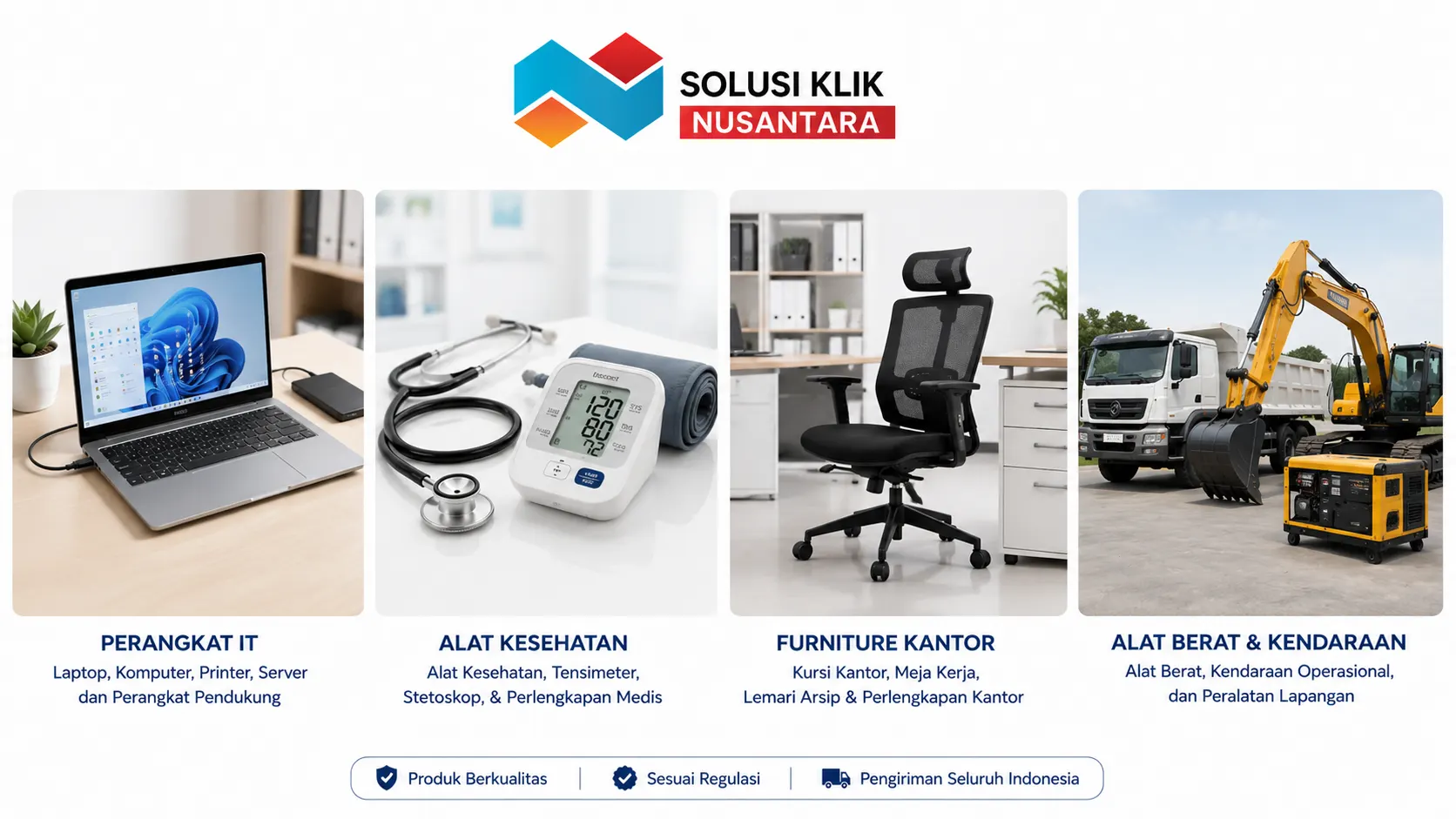 Berbagai kategori produk pengadaan mulai dari alat IT, kesehatan, hingga furniture kantor untuk instansi pemerintah.