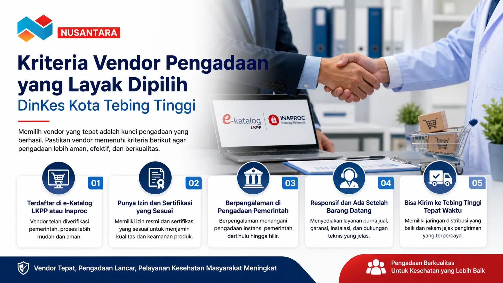 Spanduk pengadaan DinKes 2026 dengan logo Nusantara, latar ruang medis dan kantor, serta ilustrasi ambulans, alat kesehatan, dan perangkat IT.