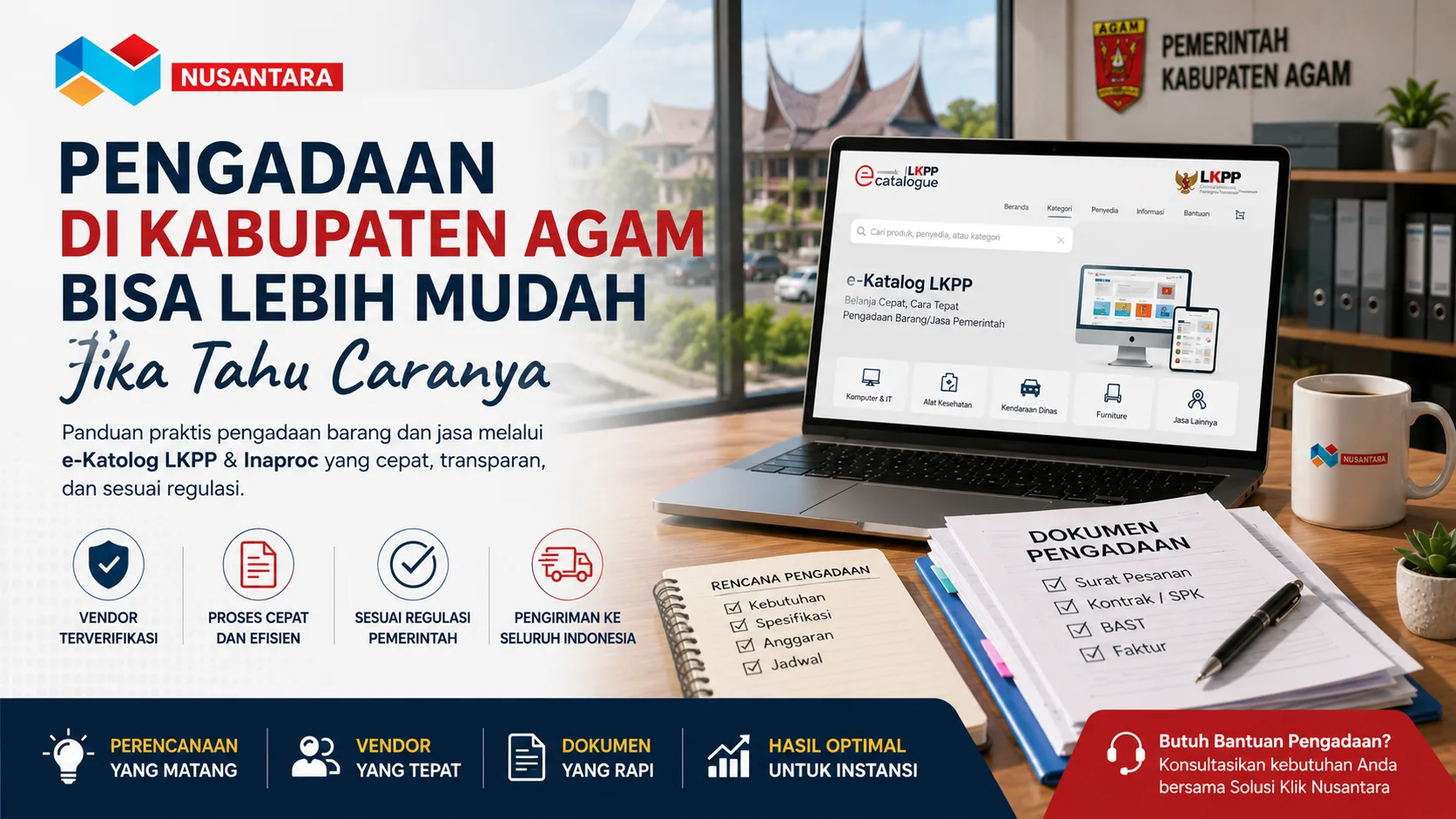 Banner pengadaan di Kabupaten Agam dengan laptop e-Katalog LKPP, dokumen pengadaan, ikon vendor terverifikasi, proses cepat, sesuai regulasi, dan logo Solusi Klik Nusantara.