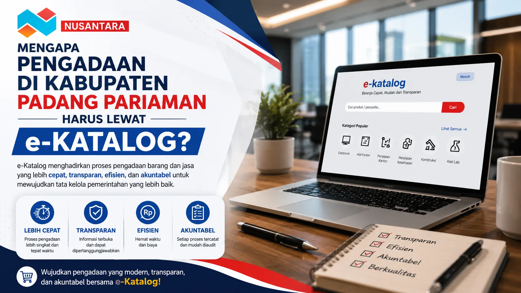 Banner Mengapa Pengadaan di Kabupaten Padang Pariaman Harus Lewat e-Katalog dengan logo Nusantara dan tampilan kantor modern digital procurement.