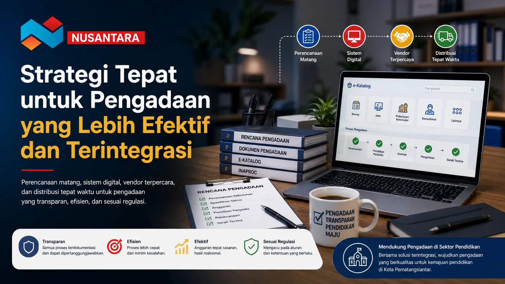 Banner ilustrasi pengadaan DisDik Kota Pematangsiantar dengan tim PNS sedang berdiskusi di kantor, menampilkan strategi pengadaan efektif, penggunaan e-Katalog dan Inaproc, serta elemen dokumen dan perangkat kerja dengan branding Solusi Klik Nusantara.