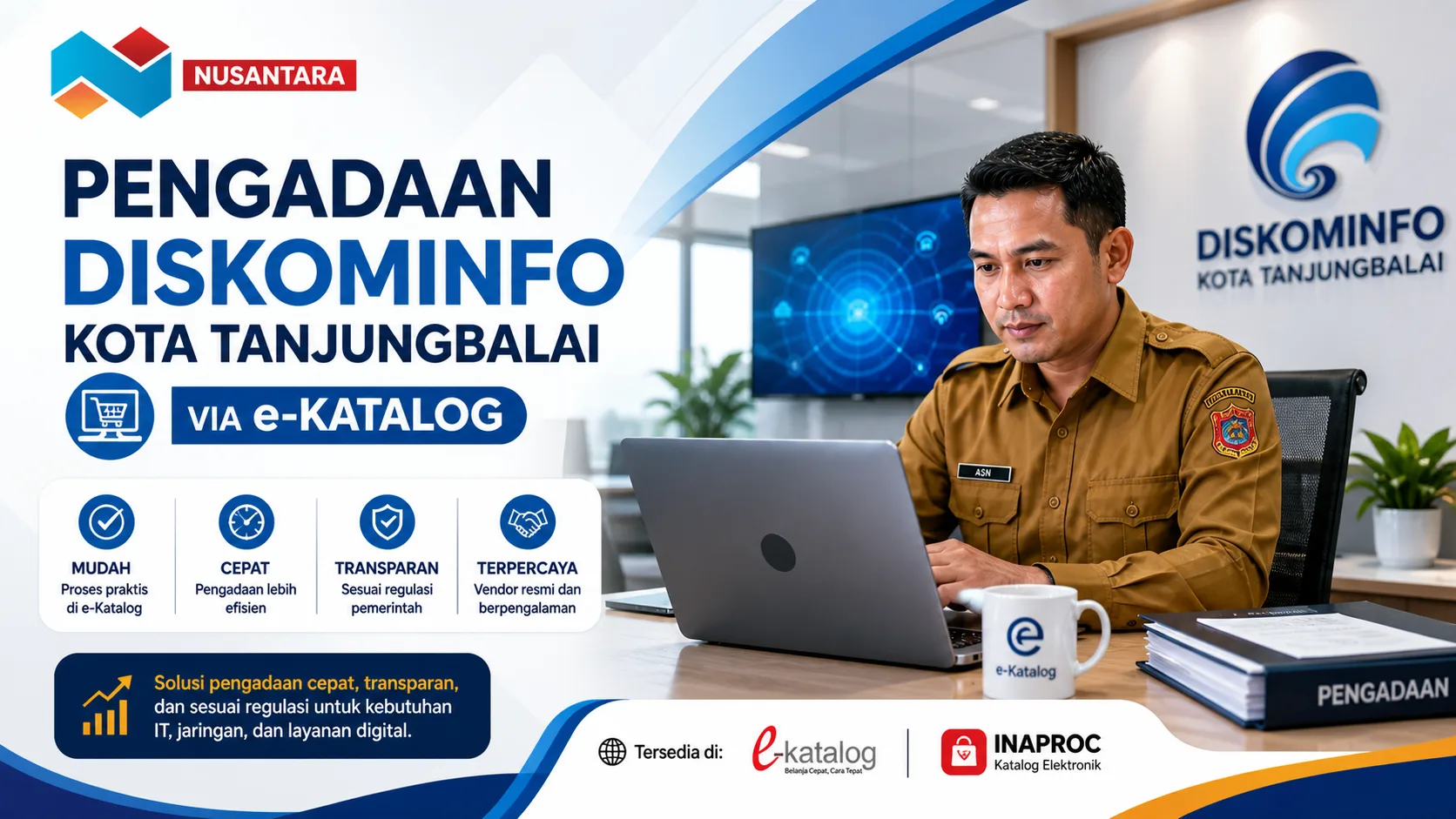 Banner pengadaan DISKOMINFO Tanjungbalai via e-Katalog dengan PNS bekerja di kantor modern dan logo Solusi Klik Nusantara.