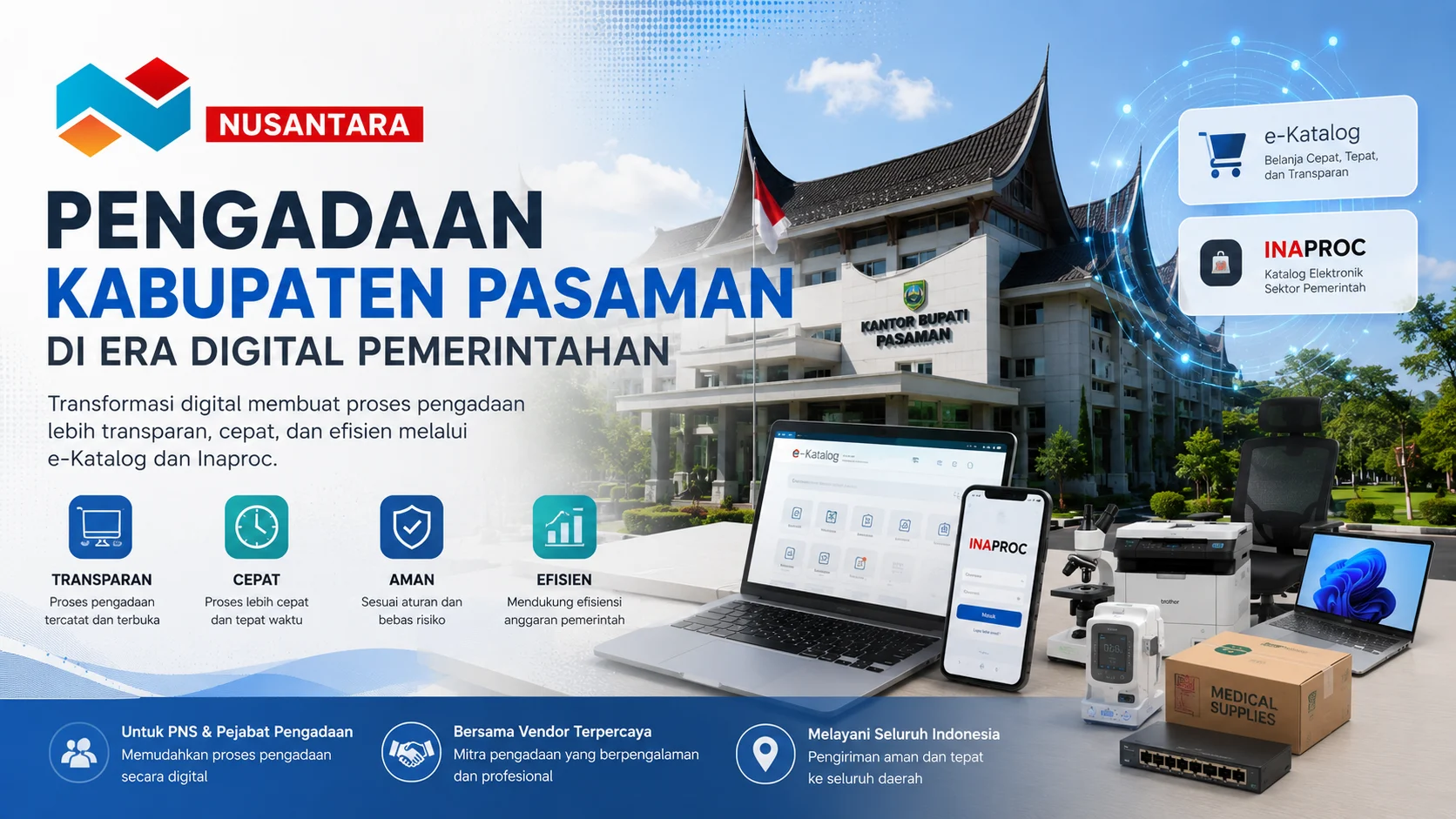 Banner digital pengadaan Kabupaten Pasaman dengan layanan e-Katalog dan Inaproc bersama Solusi Klik Nusantara.