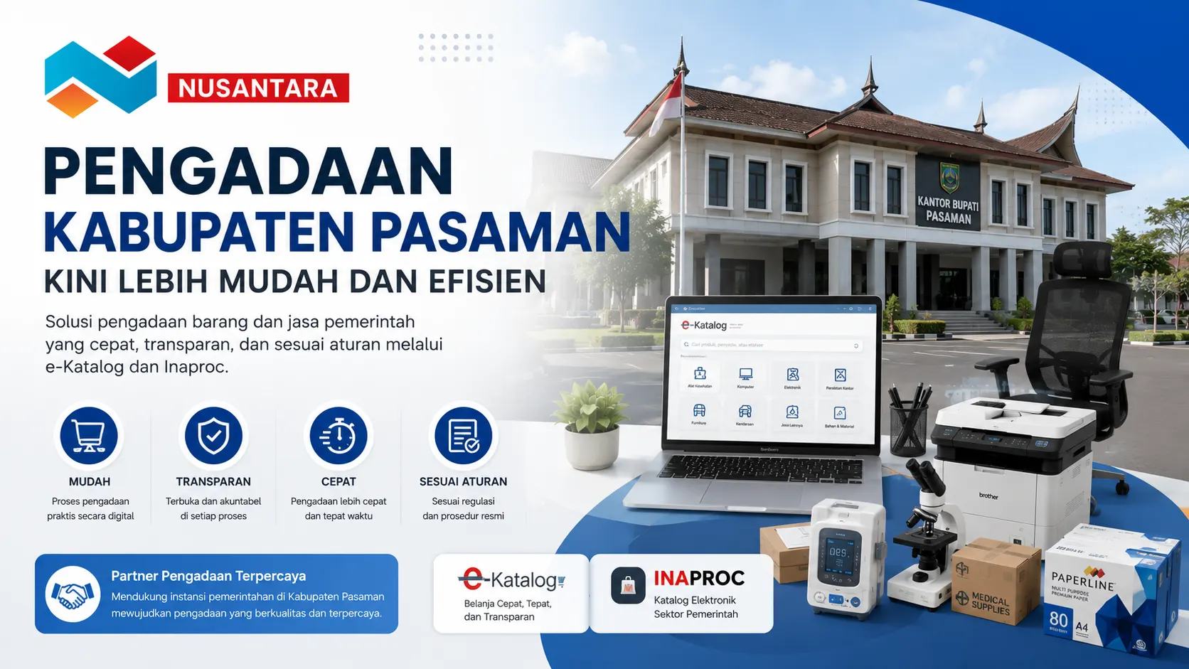 Banner pengadaan Kabupaten Pasaman yang menampilkan layanan pengadaan digital bersama Solusi Klik Nusantara melalui e-Katalog dan Inaproc.