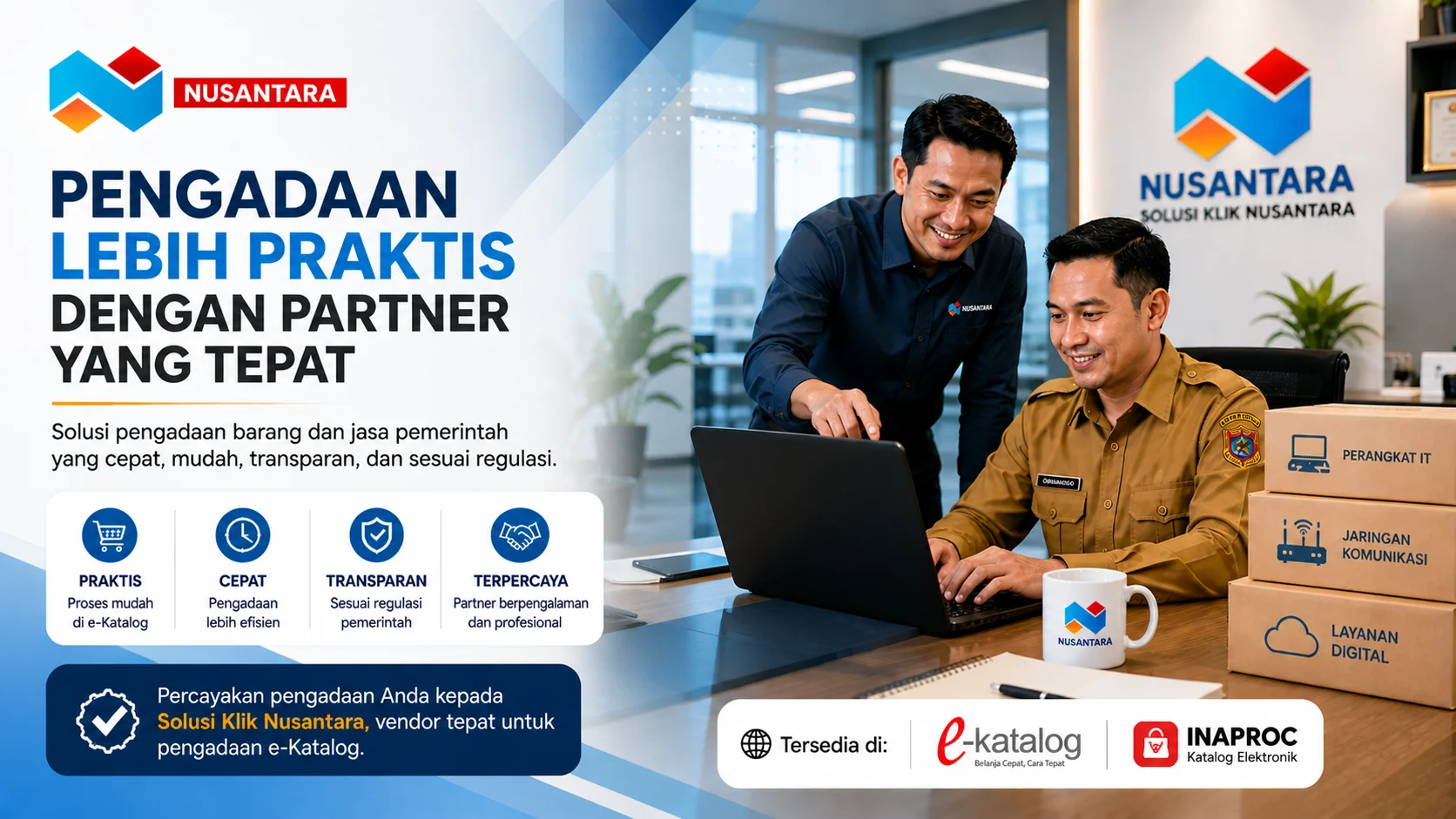 
Banner pengadaan DISKOMINFO Tanjungbalai via e-Katalog dengan PNS bekerja di kantor modern dan logo Solusi Klik Nusantara.
