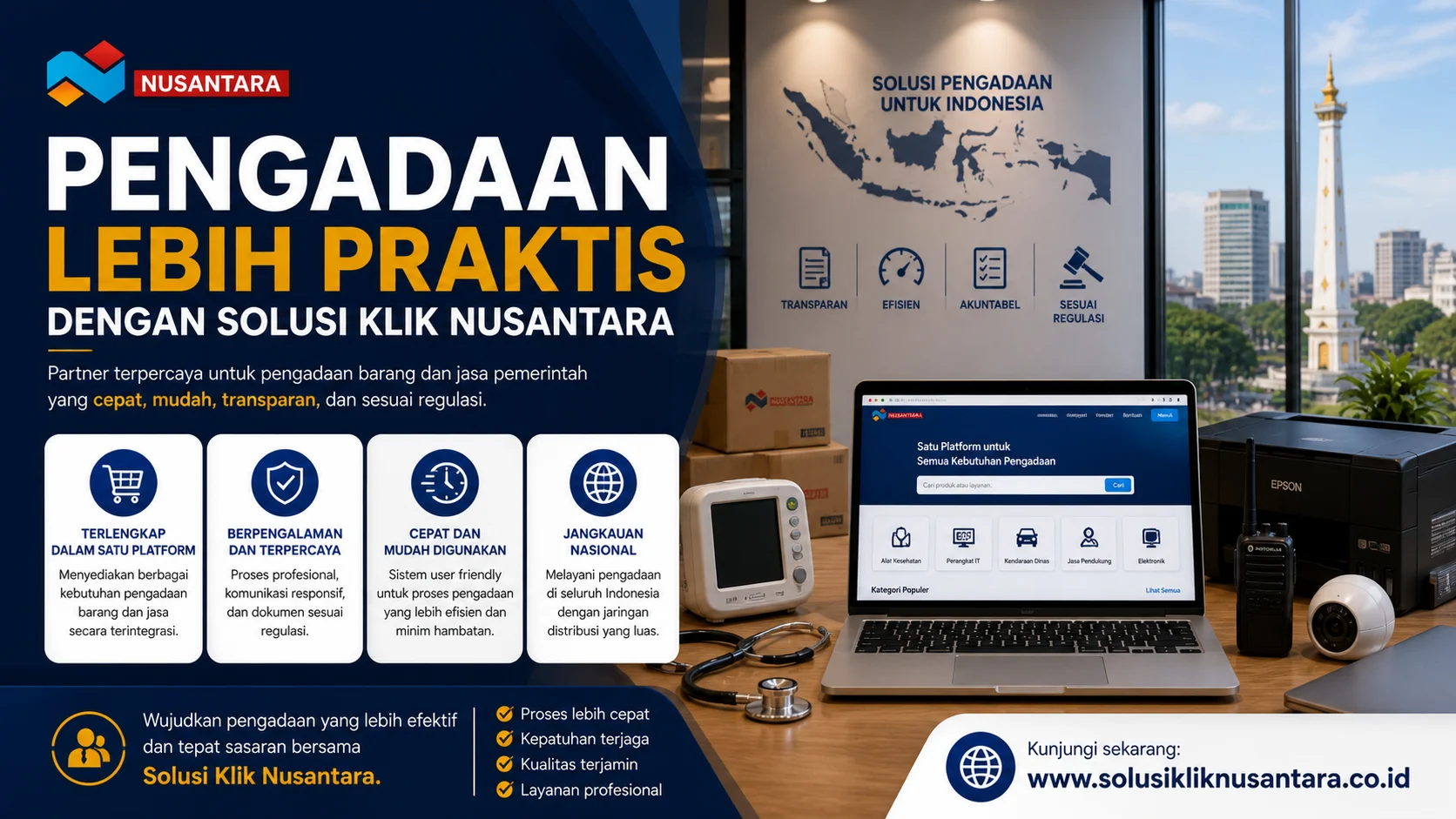Banner promosi Solusi Klik Nusantara untuk pengadaan lebih praktis, menampilkan interior kantor modern dengan laptop berisi platform pengadaan, berbagai produk seperti alat kesehatan dan elektronik.