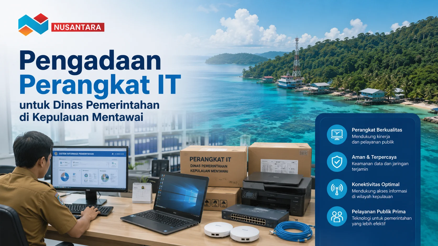 Banner pengadaan perangkat IT pemerintah di Mentawai dengan ASN, perangkat teknologi, dan latar pulau tropis serta logo Nusantara.