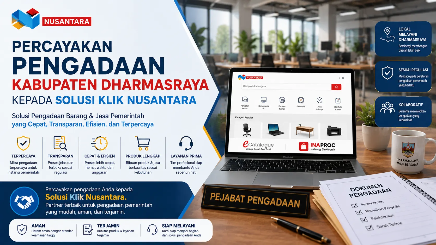 Banner pengadaan Kabupaten Dharmasraya dengan tampilan kantor modern, laptop e-Katalog, dokumen pengadaan, dan branding Solusi Klik Nusantara.
