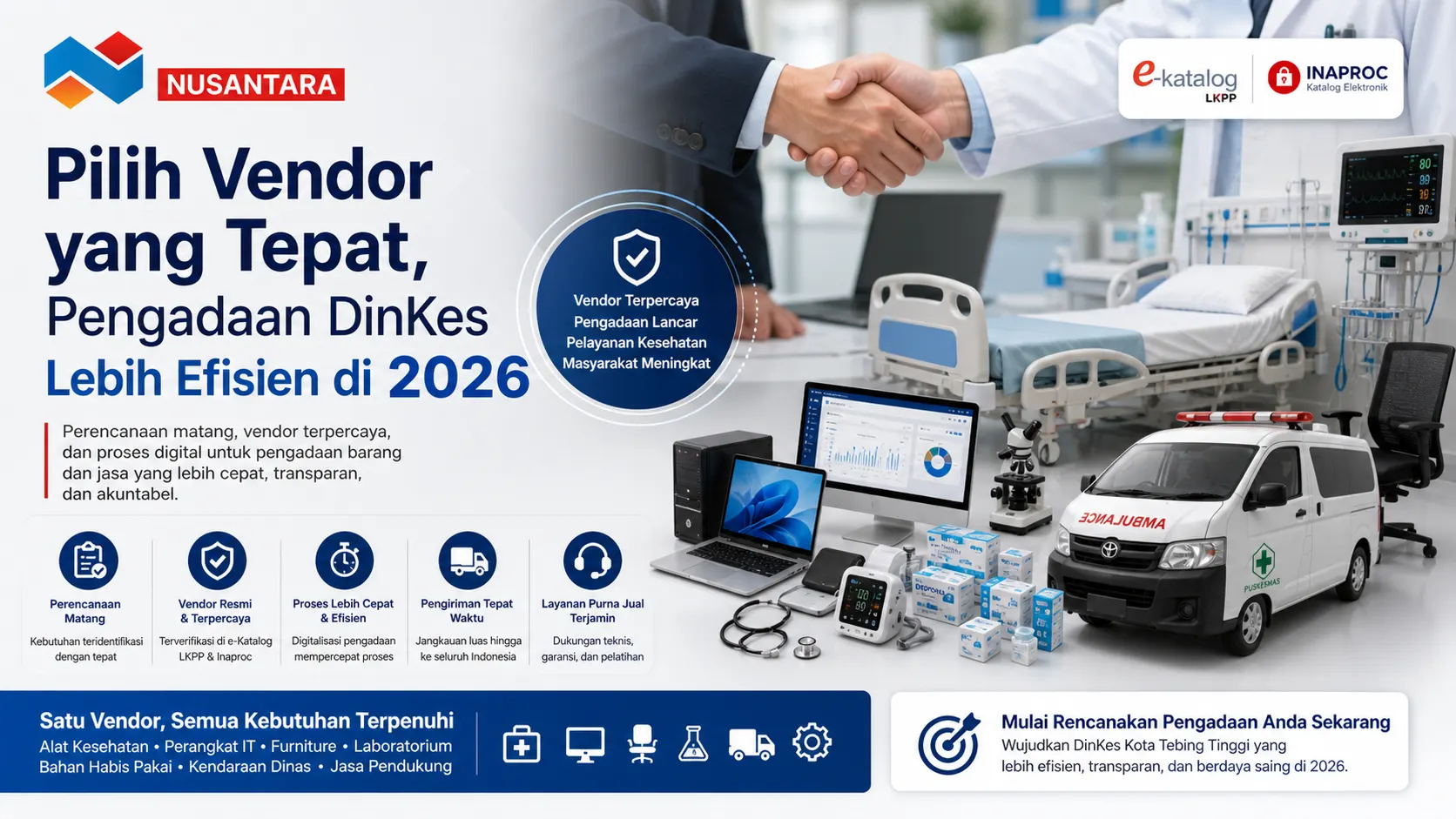 Spanduk pengadaan DinKes 2026 dengan logo Nusantara, latar ruang medis dan kantor, serta ilustrasi ambulans, alat kesehatan, dan perangkat IT.