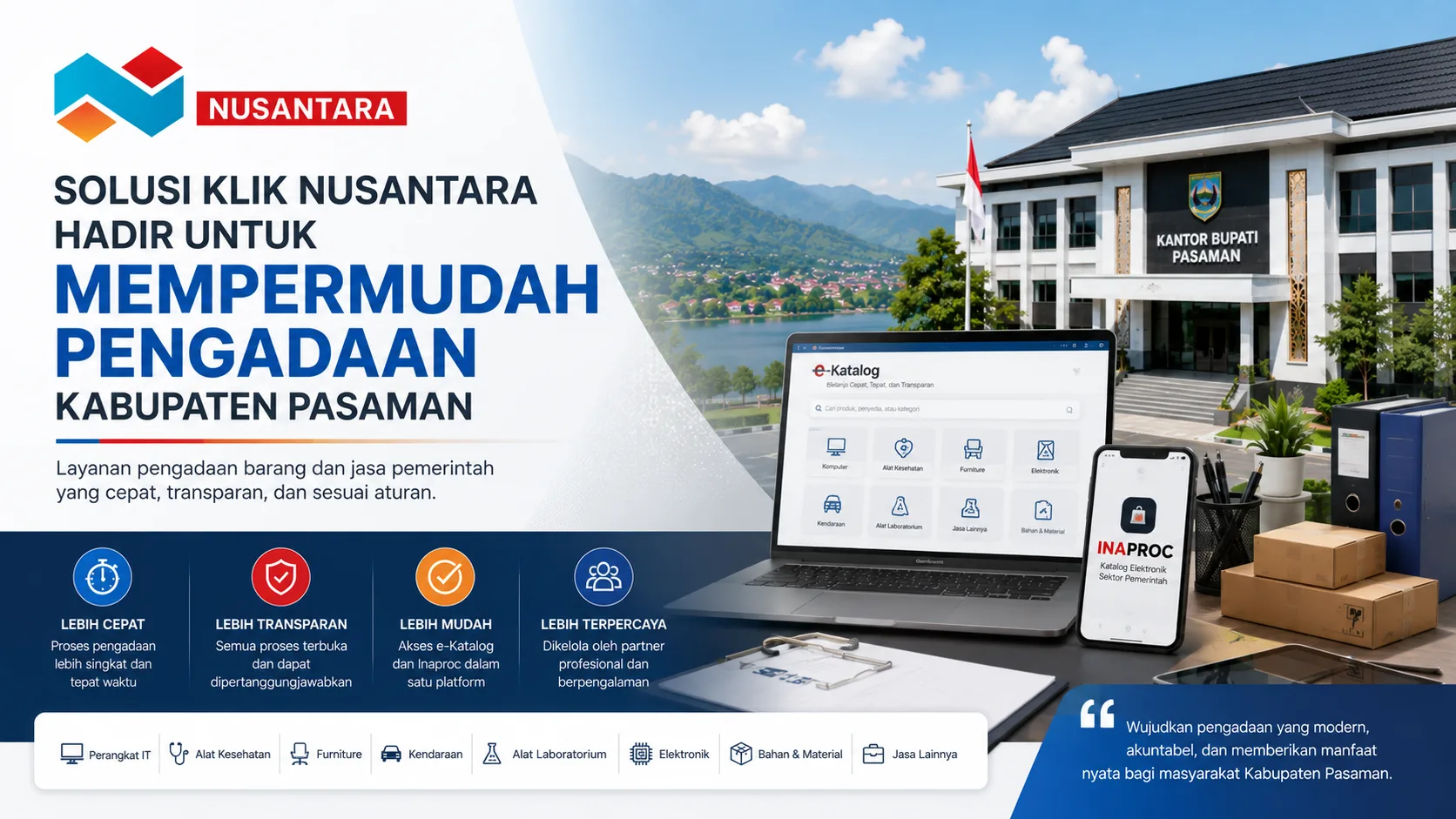 Banner Solusi Klik Nusantara untuk mempermudah pengadaan Kabupaten Pasaman melalui layanan e-Katalog dan Inaproc.