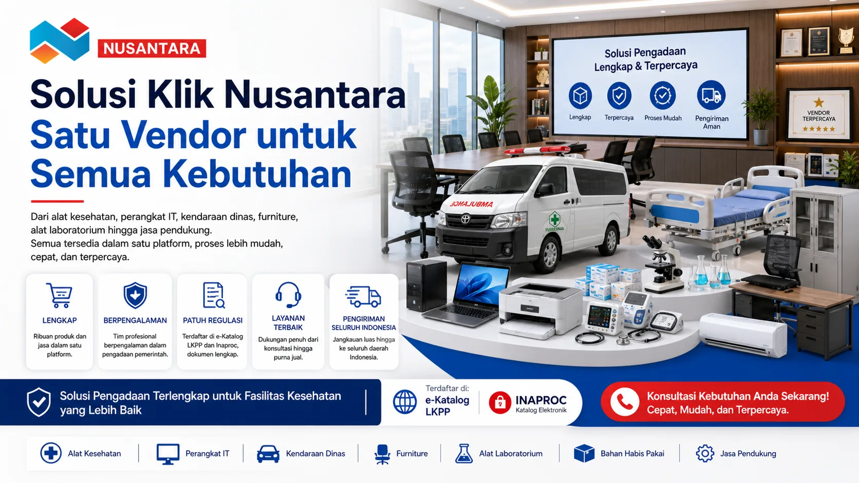 Spanduk pengadaan DinKes 2026 dengan logo Nusantara, latar ruang medis dan kantor, serta ilustrasi ambulans, alat kesehatan, dan perangkat IT.
