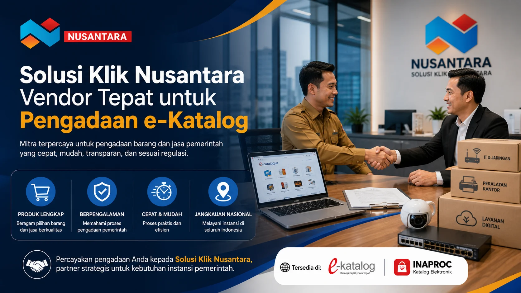 Banner pengadaan DISKOMINFO Tanjungbalai via e-Katalog dengan PNS bekerja di kantor modern dan logo Solusi Klik Nusantara.

