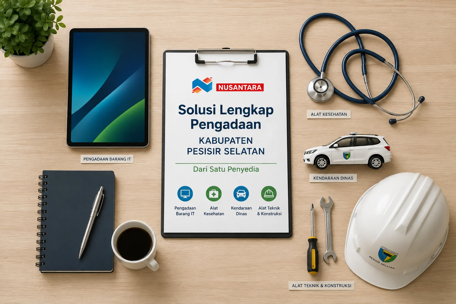 Flat-lay minimalis menampilkan tablet, stetoskop, miniatur kendaraan dinas, dan helm proyek di atas meja kayu terang dengan nuansa profesional dan rapi.