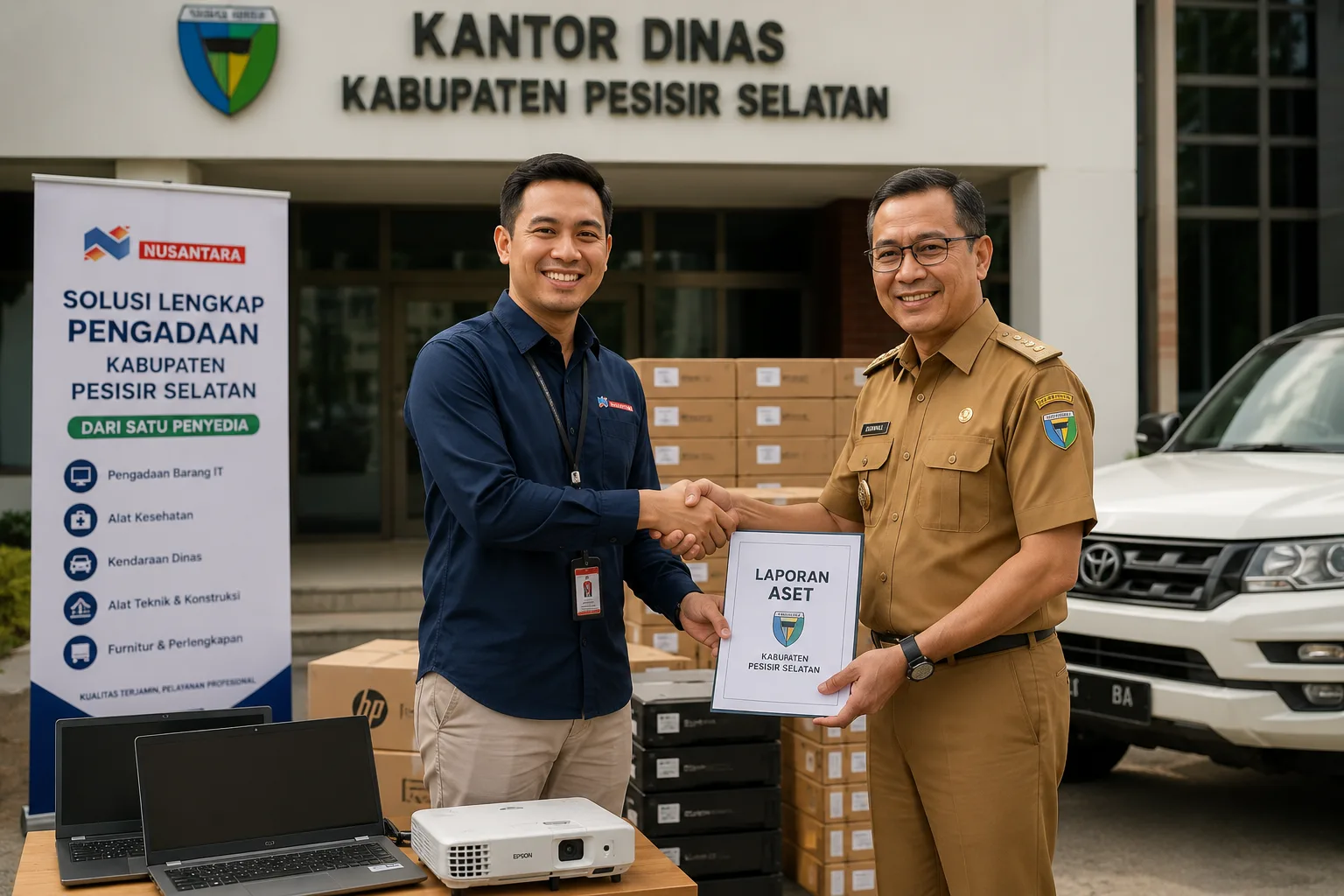 Momen serah terima produk antara perwakilan vendor dan pejabat pemerintah di depan kantor dinas dengan suasana profesional dan penuh kepercayaan.