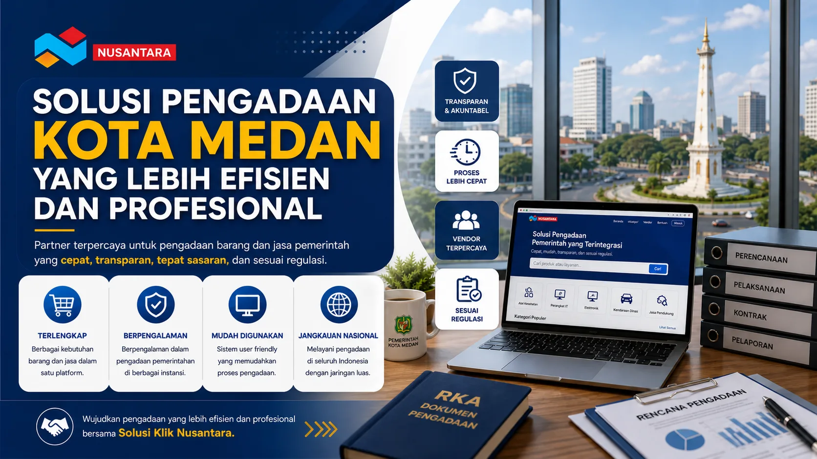 Banner promosi Solusi Klik Nusantara dengan desain modern menampilkan solusi pengadaan Kota Medan yang efisien dan profesional, dilengkapi ilustrasi kantor, laptop dengan platform e-Katalog