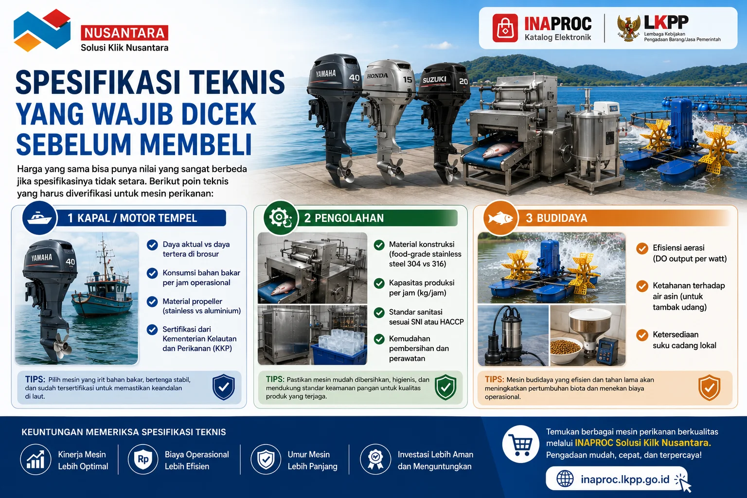 Spesifikasi teknis yang wajib dicek sebelum membeli mesin perikanan meliputi motor tempel, mesin pengolahan ikan, dan mesin budidaya perikanan untuk memastikan kualitas dan efisiensi operasional
