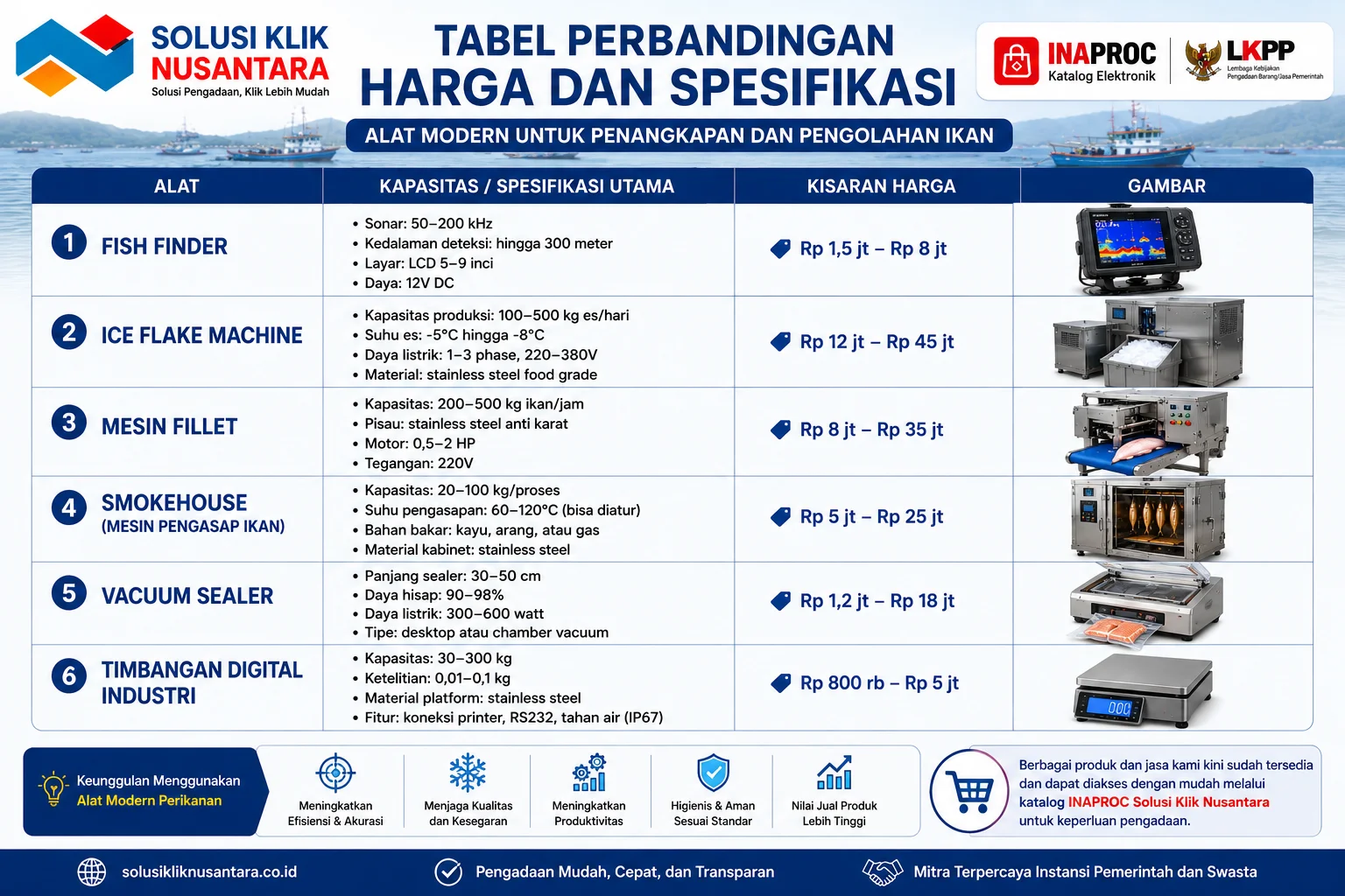 Tabel perbandingan harga dan spesifikasi alat perikanan meliputi fish finder, ice flake machine, mesin fillet ikan, smokehouse, vacuum sealer, dan timbangan digital industri