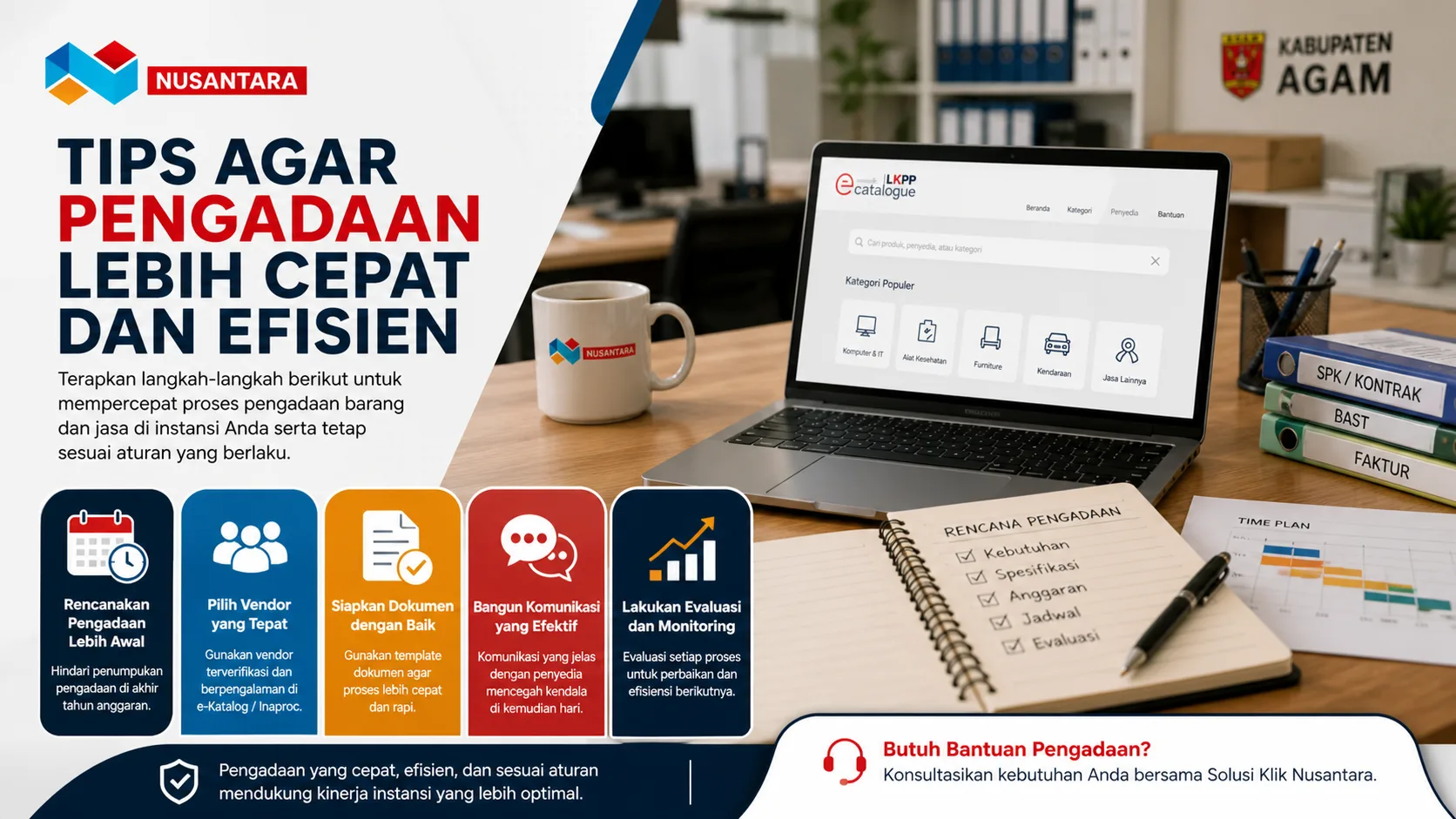 Infografis tips pengadaan barang dan jasa di Kabupaten Agam dengan laptop e-Katalog LKPP, dokumen pengadaan, dan ilustrasi langkah seperti perencanaan awal, memilih vendor, menyiapkan dokumen, komunikasi efektif, dan evaluasi proses.