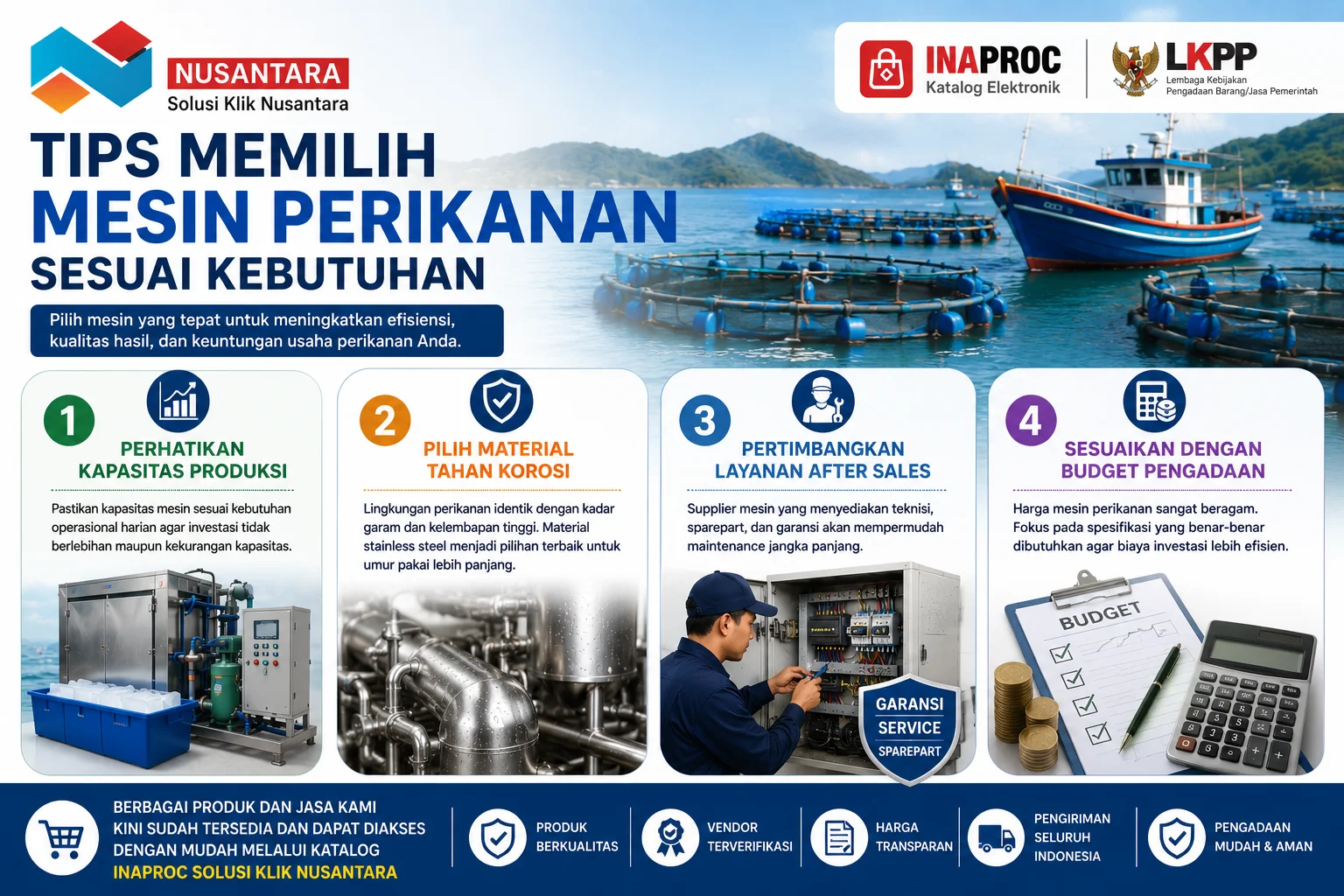 Tips memilih mesin perikanan sesuai kebutuhan dengan mempertimbangkan kapasitas produksi, material tahan korosi, layanan after sales, dan budget pengadaan