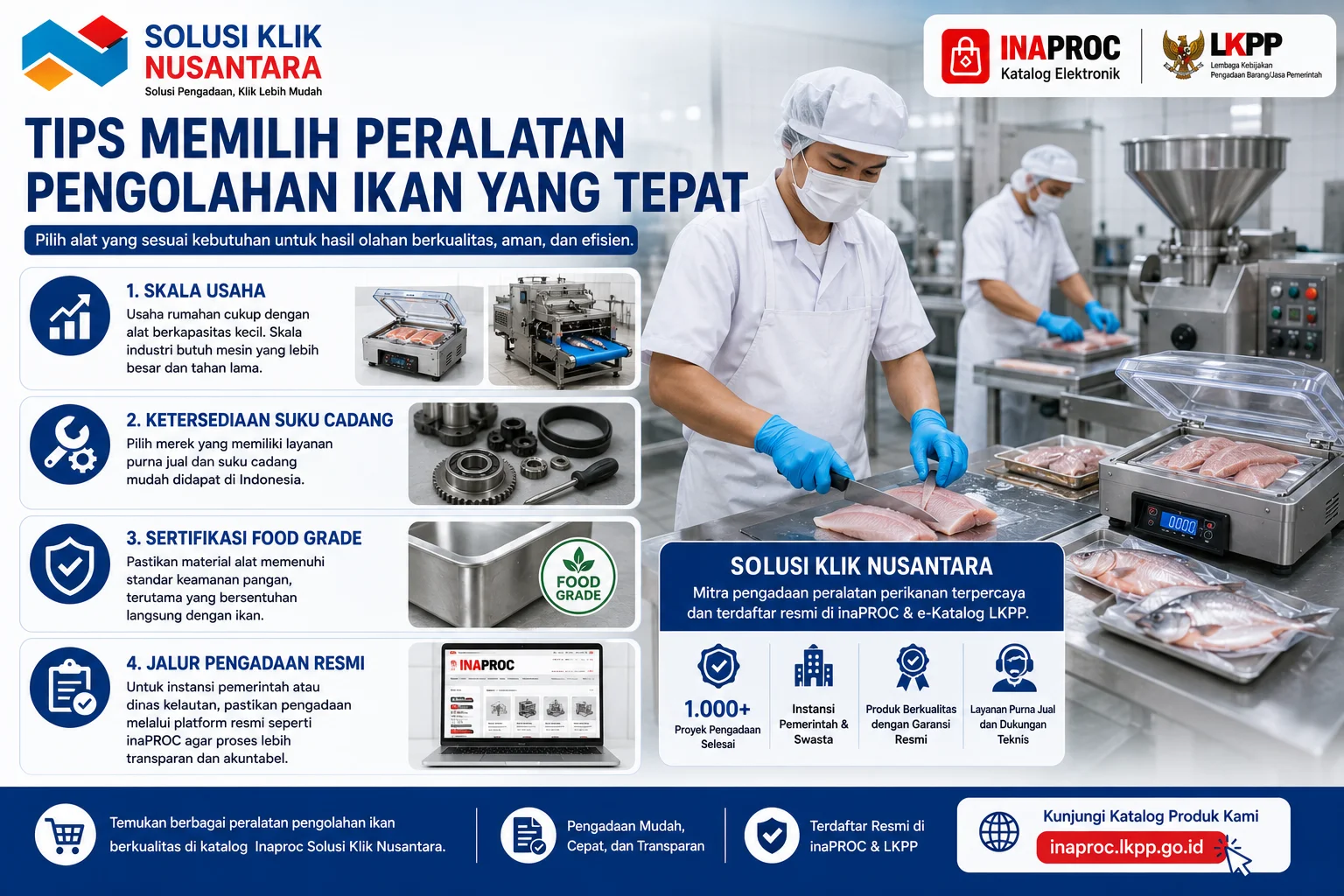 Tips memilih peralatan pengolahan ikan yang tepat dengan mempertimbangkan skala usaha, ketersediaan suku cadang, sertifikasi food grade, dan jalur pengadaan resmi