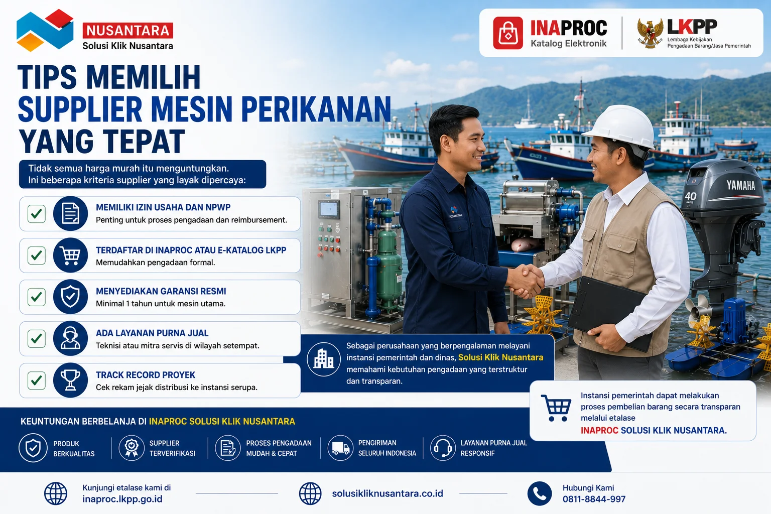 Tips memilih supplier mesin perikanan yang tepat dengan memperhatikan legalitas usaha, garansi resmi, layanan purna jual, dan rekam jejak proyek bersama Solusi Klik Nusantara