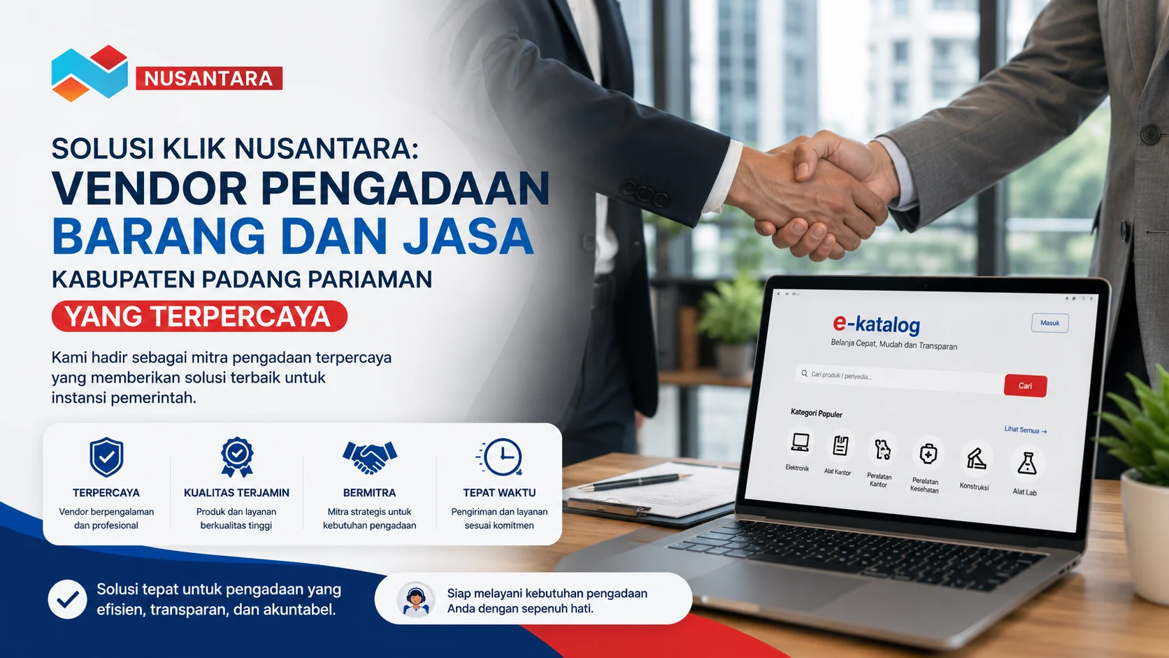 Banner Solusi Klik Nusantara sebagai vendor pengadaan barang dan jasa terpercaya di Kabupaten Padang Pariaman dengan ilustrasi kerja sama profesional dan sistem e-Katalog.