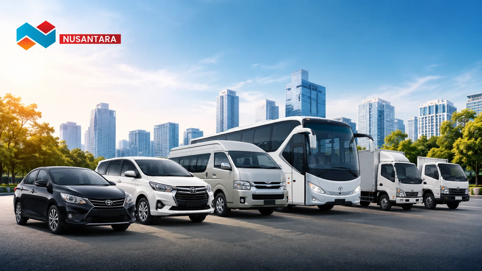 Ilustrasi armada jasa sewa transportasi yang terdiri dari mobil penumpang, minibus, bus, dan kendaraan logistik dalam kondisi prima untuk mendukung kebutuhan operasional dan mobilitas di Kabupaten Cilacap.
