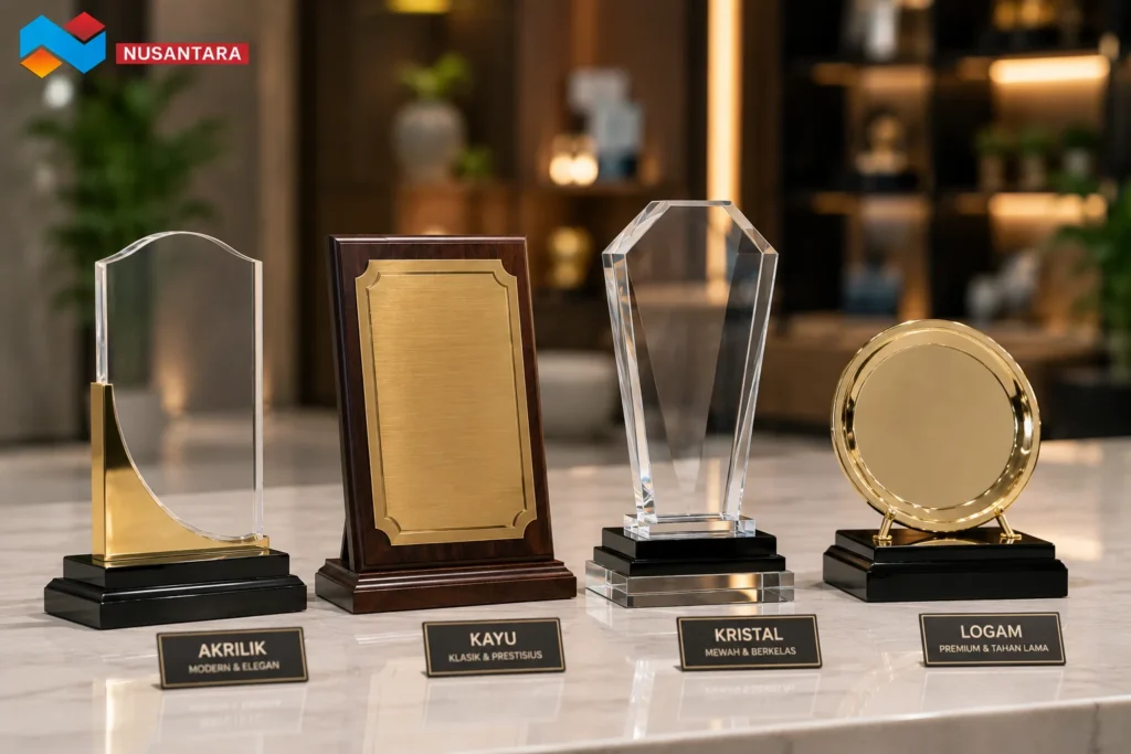 Jenis-jenis plakat berdasarkan material akrilik kayu kristal dan logam