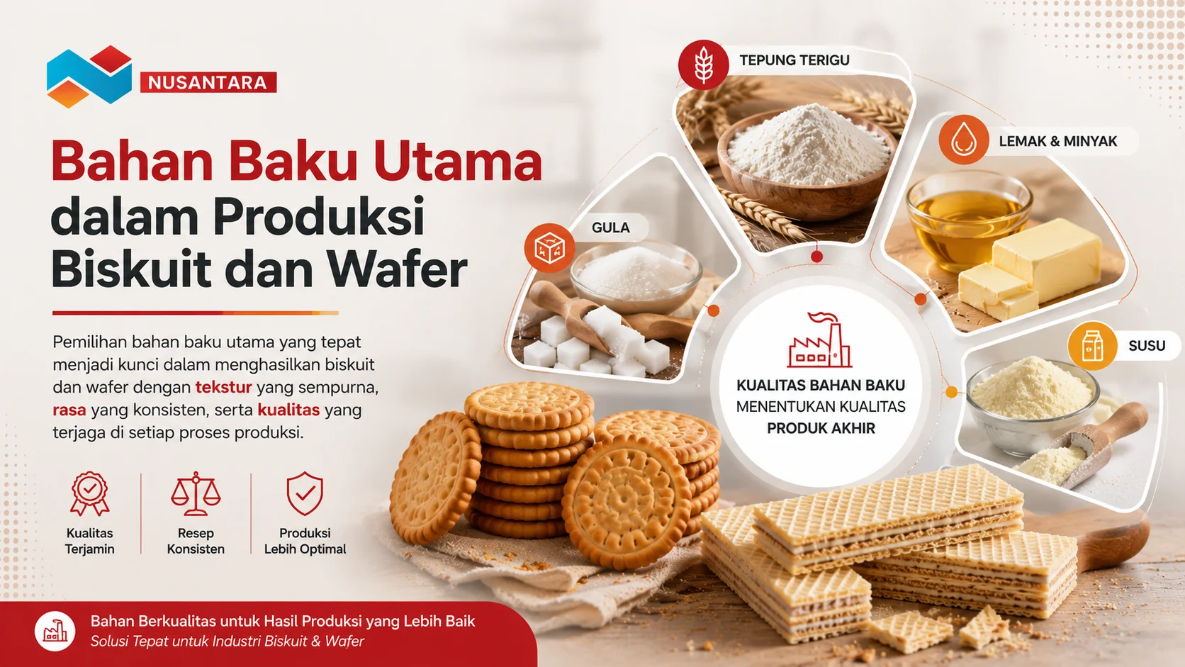 Gambar bahan baku utama produksi biskuit dan wafer meliputi tepung terigu, gula, lemak, dan susu untuk menghasilkan produk berkualitas.